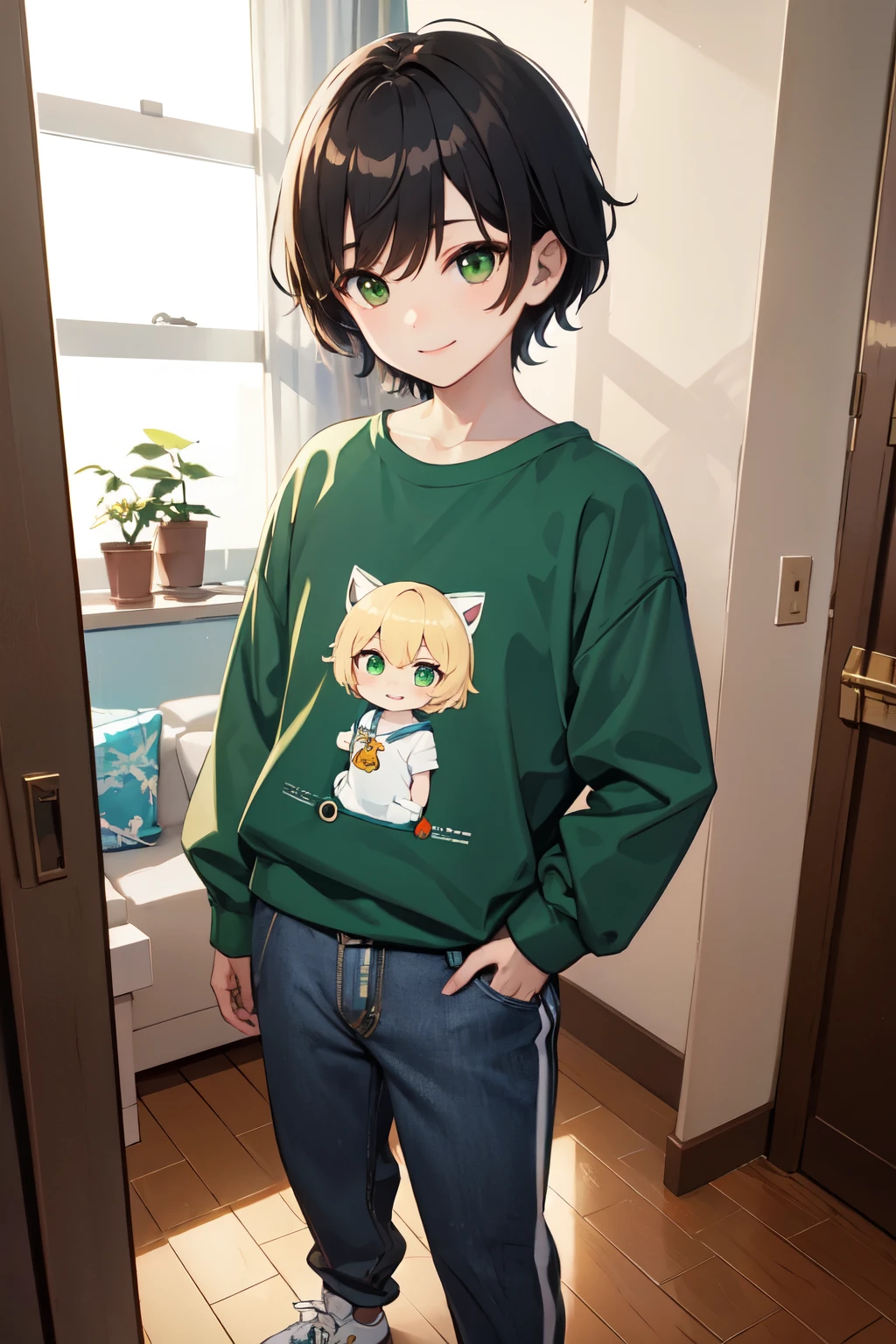 ((Highest quality)), ((masterpiece)), (detailed), One boy:2.0,Chibi character style,Selfie shot,cowboy shot,slim,downturned eye,green eyes,short hair,playful smile,oversized sweatshirt,gaucho pants,sneakers,shoulder bag,sitting,room