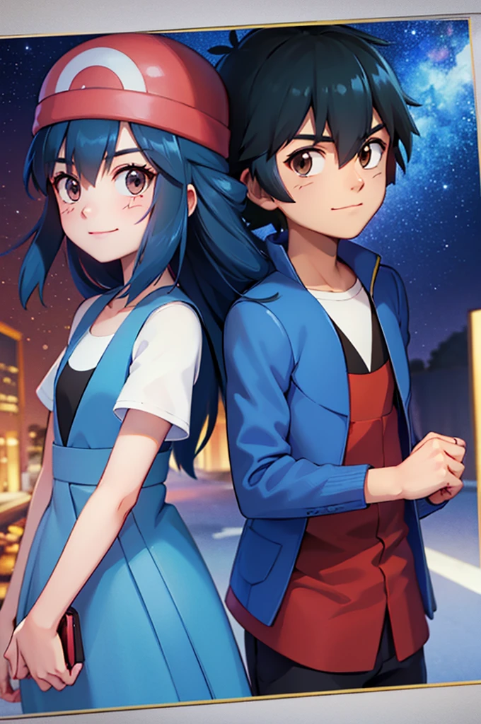 good quality,duo, 1 girl (dawn, long blue hair,straight,blue eyes) 1 man (Ketchum ash, black hair,Brown eyes), couple,smiling,pokemon