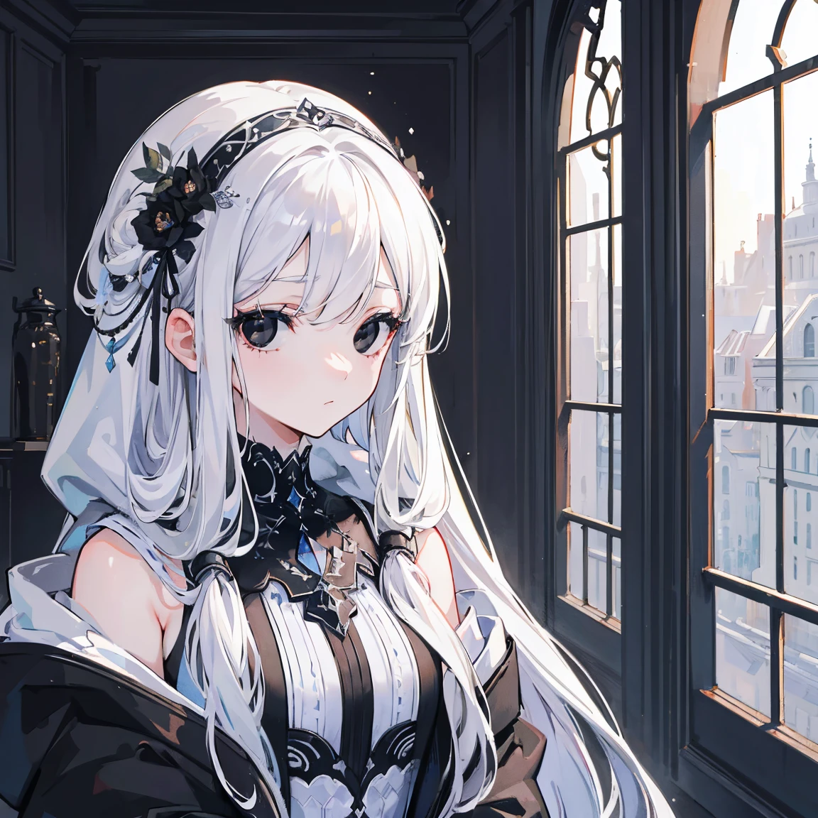 (best quality,high resolution,masterpiece:1.2),Extremely detailed,Extremely detailed, cold, solitary, 1 girl, beautiful girl, gaze, (black eyes:1.5), (Beautiful and delicate eyes:1.2), (Long hair:1.2), (White hair:0.8), (Silver Hair:0.5), (Bangs:0.5), (Dull hair:0.5), (Hair accessories:0.5), (Weaving:0.5), Hooded dress