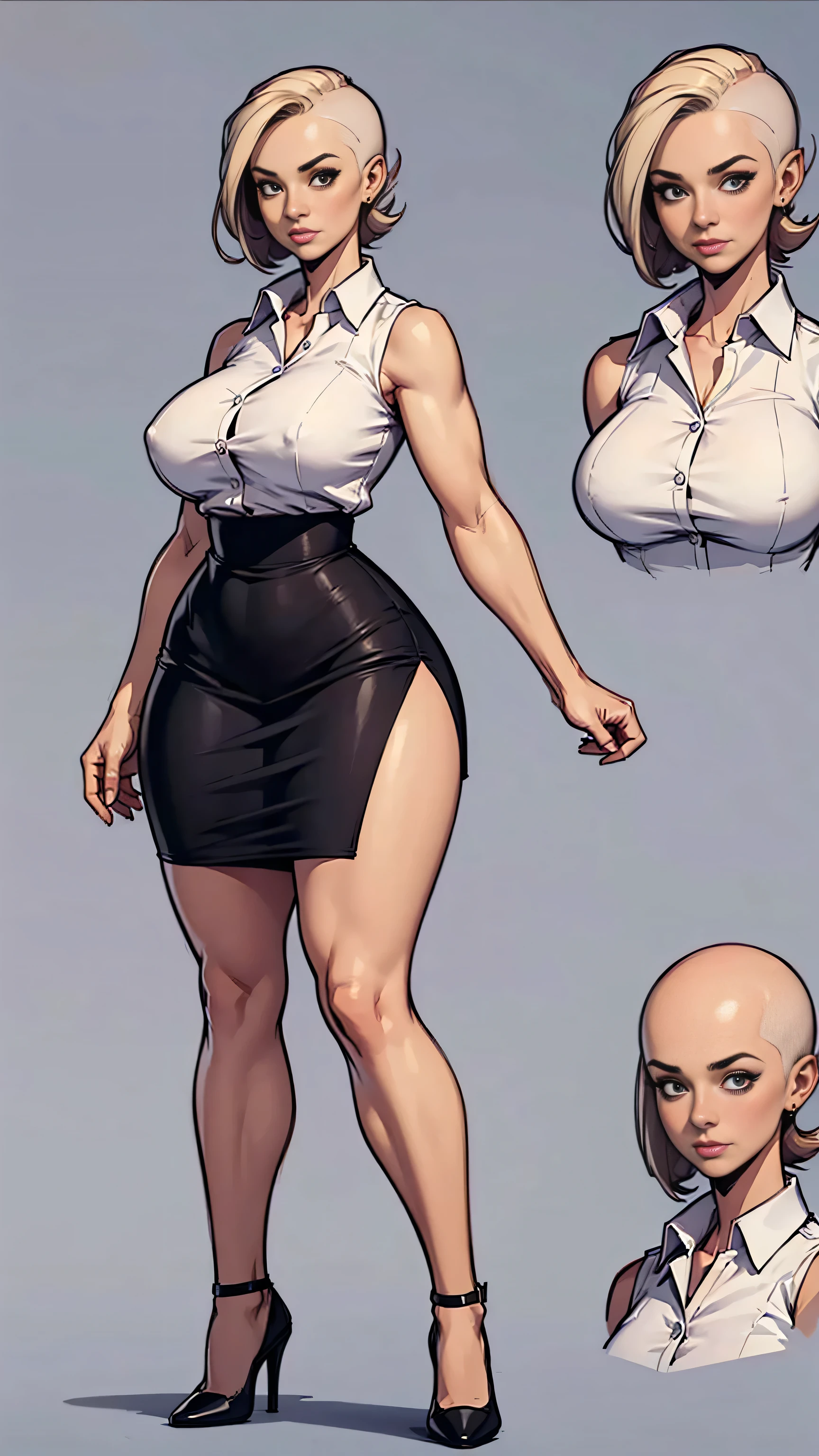 digital art, highly detailed, reference sheet, standing pose, feminine features, mature woman, adult female, curvy figure, whole body, bald, form-fitting, open collar, office shirt, sleeveless, pencil skirt, heels, 1woman, solo, upper body, lower body, ((Extremely Detailed)), ((Best Quality)), ((Masterpiece)), ((4k)).
