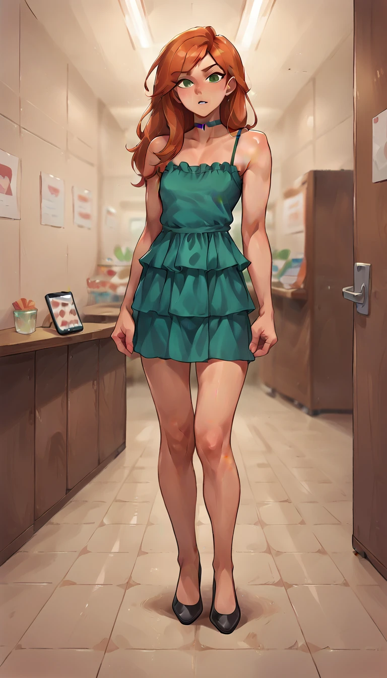 score_9, score_8_up, score_8_up, BREAK 1girl, solo, Kim Possible, (orange-red hair:1.3), looking at viewer, parted lips, wearing (green ruffle mini dress and choker:1.1), beautiful woman, (store fitting room:1.2), cute poses, naughty expression, (taking photo with a cell phone:1.3), (full body shot:1.0).