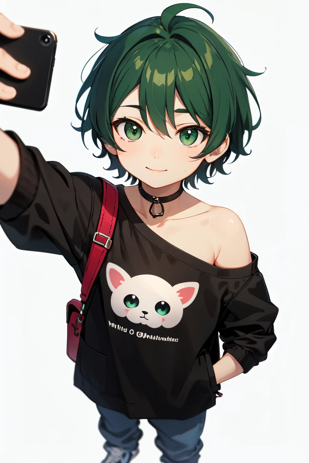 ((Highest quality)), ((masterpiece)), (detailed), One boy:2.0,Chibi character style:5.0,Selfie shot,cowboy shot,small eyes,slim,downturned eye,green eyes,short hair,playful smile,oversized sweatshirt,gaucho pants,sneakers,shoulder bag