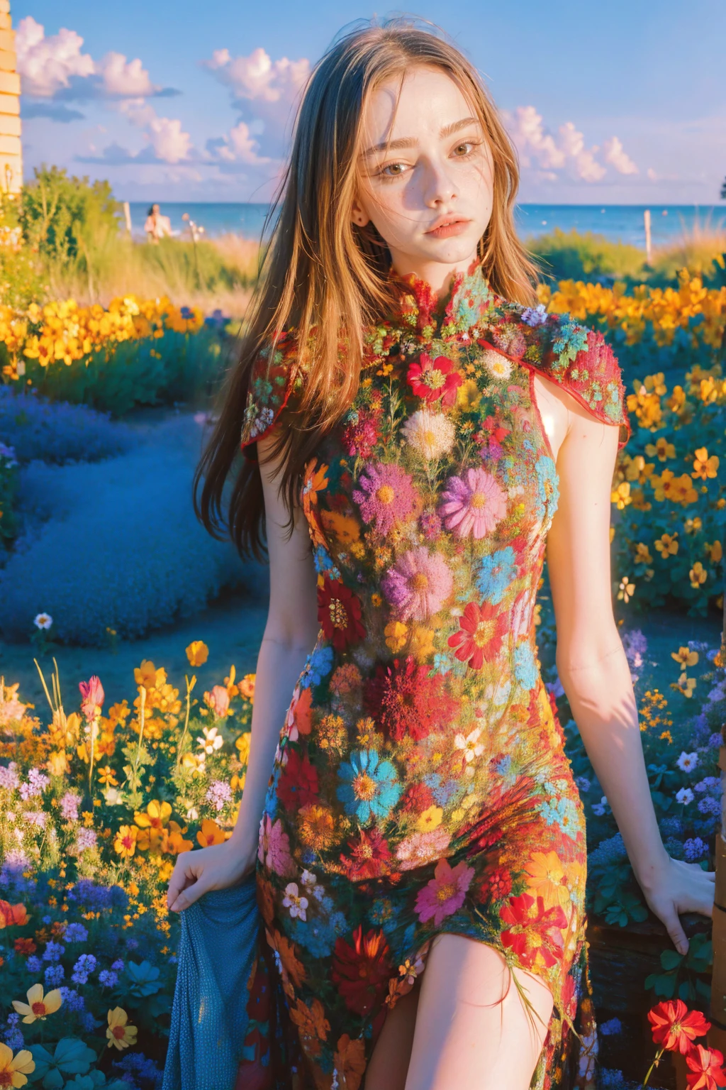 woman, flower dress, colorful, epic background,flower armor, blue theme, NOT Dasha Taran, UHD 32K lossless photography like
