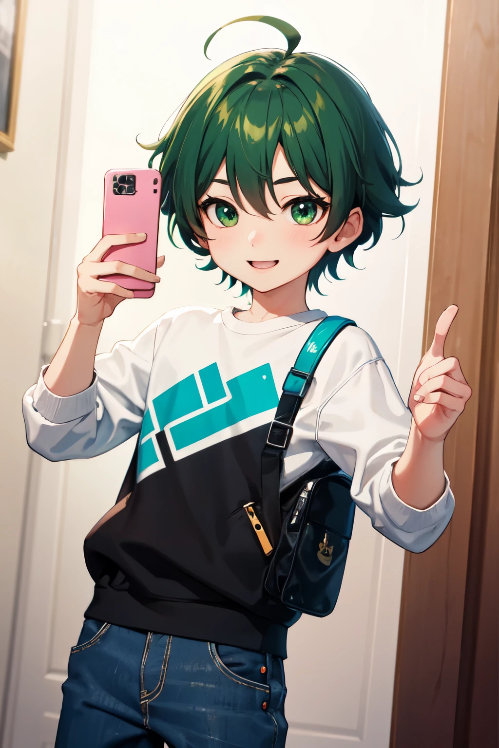 ((Highest quality)), ((masterpiece)), (detailed), One boy:2.0,Chibi character style:5.0,Selfie  shot,cowboy shot,small eyes,slim,downturned eye,green eyes,short hair,playful smile,oversized sweatshirt,gaucho pants,sneakers,shoulder bag