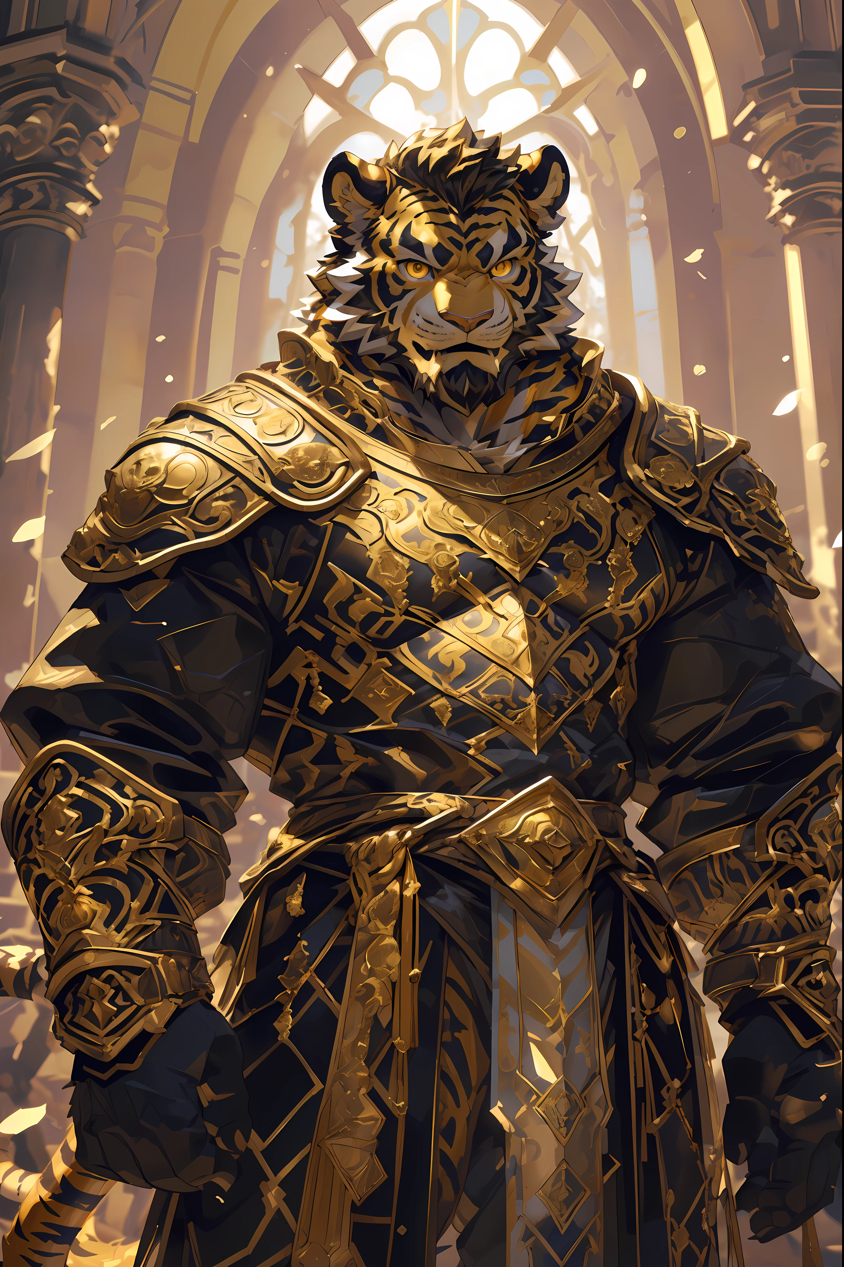 (Scarred body),(Wearing a dark black robe:1.5),king,16k high quality detailed art,(Wearing scarlet blood accessories:1),(Golden Tiger:1.1), (((White and golden fur:1.5))),(In Duotone),(A pair of eyes of different colors, One eye has a golden eye,The other eye is blue:1.7),Both eyes are the same size:1.4),(Muscular body:1.3),Handsome,(OK),(Perfect face),(Exhausted:1.1),(Gold and white skin:1.3),(Whole body description:1.3),Publaz, (Golden Tiger:1.1), (((Gold and white fur:1.3))),Handsome, (OK),Express,(Background of the Royal Palace),(Cold expression:1.3),(Golden Tiger tail),Different Express,(Perfect masterpiece),(32K),(Abdominal muscles:1.3),(((middle aged:1.4))),(36 years old),(Gold Stripes),Solitary,(Black sideburns:1.2),(black beard:1.3),(Black Chin:1.3),(Gold face pattern:1),(Very rich facial details:1.3),(Strong),(Mighty pose:1.3),Front view,(CG),(HD),(Black Hair),Full body portrait,(Detailed background:1.3),(Dark ink armor:1.3),The murderous gaze,(Pure black pupils:1.3),