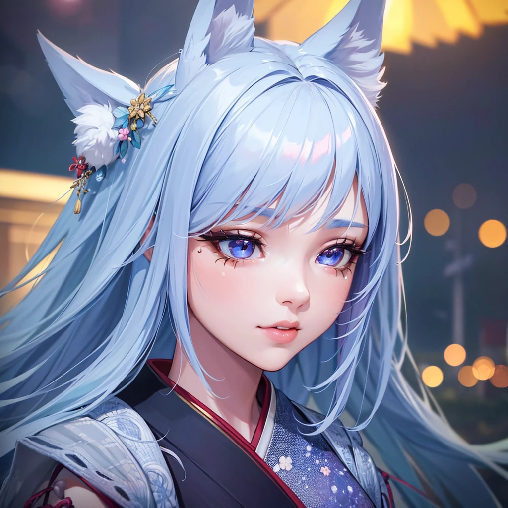 a young girl with fox ears wearing a traditional japanese kimono, beautiful detailed eyes, beautiful detailed lips, extremely detailed eyes and face, long eyelashes, flowing blue hair, night scenery, (best quality,4k,8k,highres,masterpiece:1.2),ultra-detailed,(realistic,photorealistic,photo-realistic:1.37),digital painting, intricate details, vibrant colors, dramatic lighting, atmospheric, dreamlike