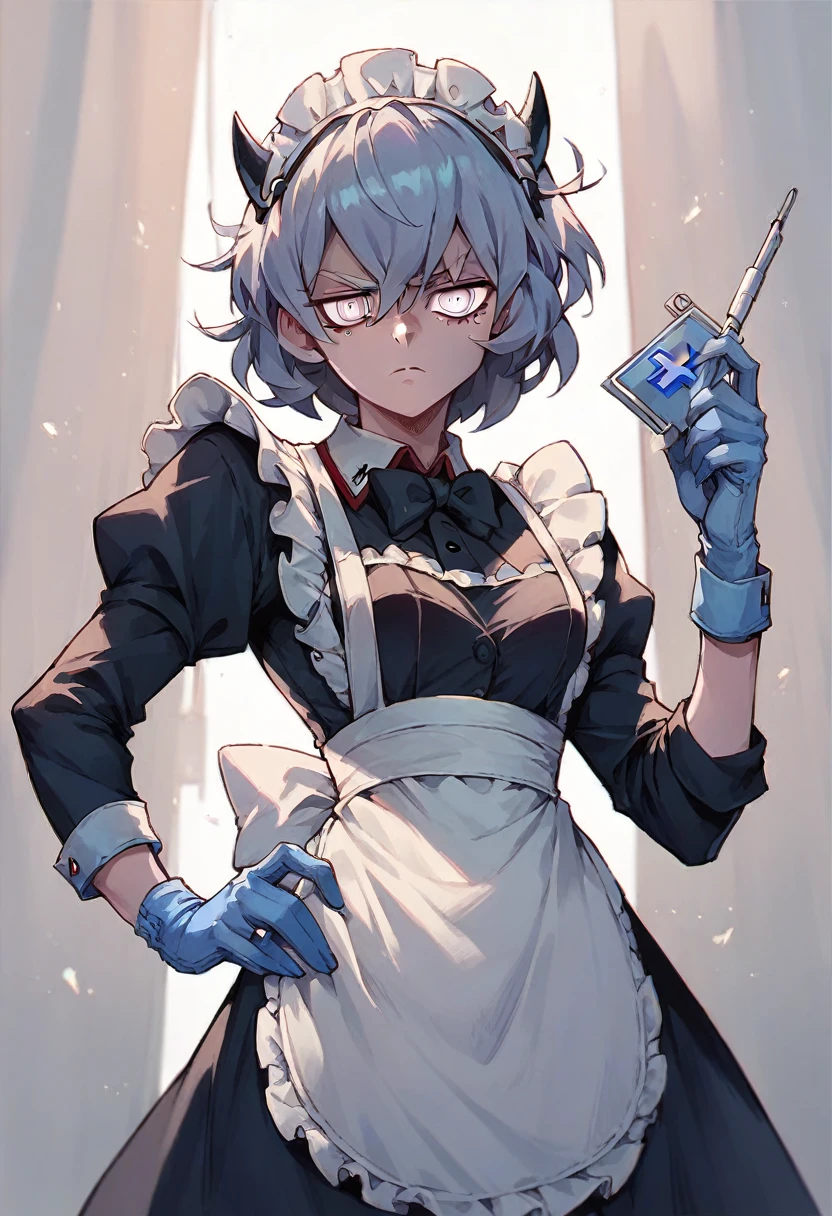 1girl, malina \(helltaker\), ((blue medical gloves)), (black maid uniform), ((long sleeves)), looking at viewer, standing, solo

