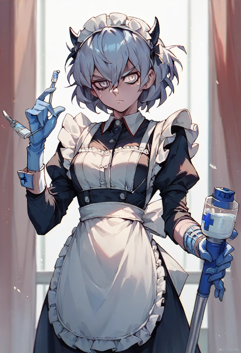 1girl, malina \(helltaker\), ((blue medical gloves)), (black maid uniform), ((long sleeves)), looking at viewer, standing, solo
