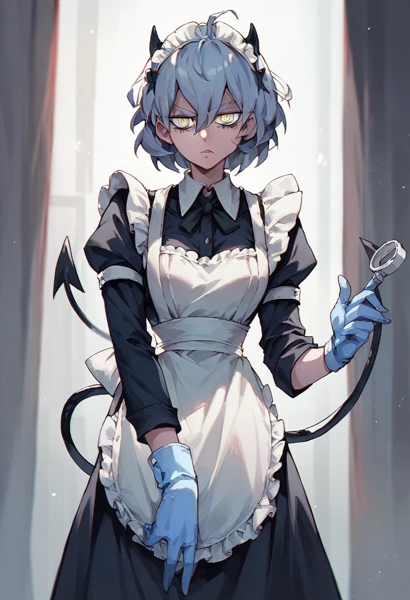 1girl, malina \(helltaker\), ((blue medical gloves)), (black maid uniform), ((long sleeves)), looking at viewer, standing, solo