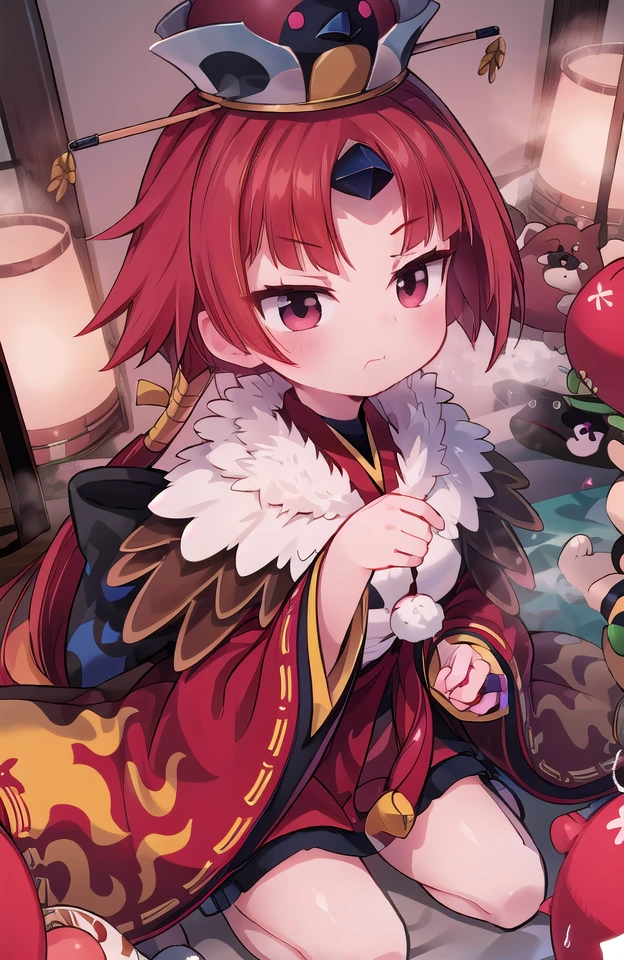 masterpiece, best quality, photography, official art, professional lighting),face focus:1.4,, blush, pout, closed mouth,Puff out your cheeks,1girl,Me_enma,red kimono:1.3,hat,Puzzled,in trouble