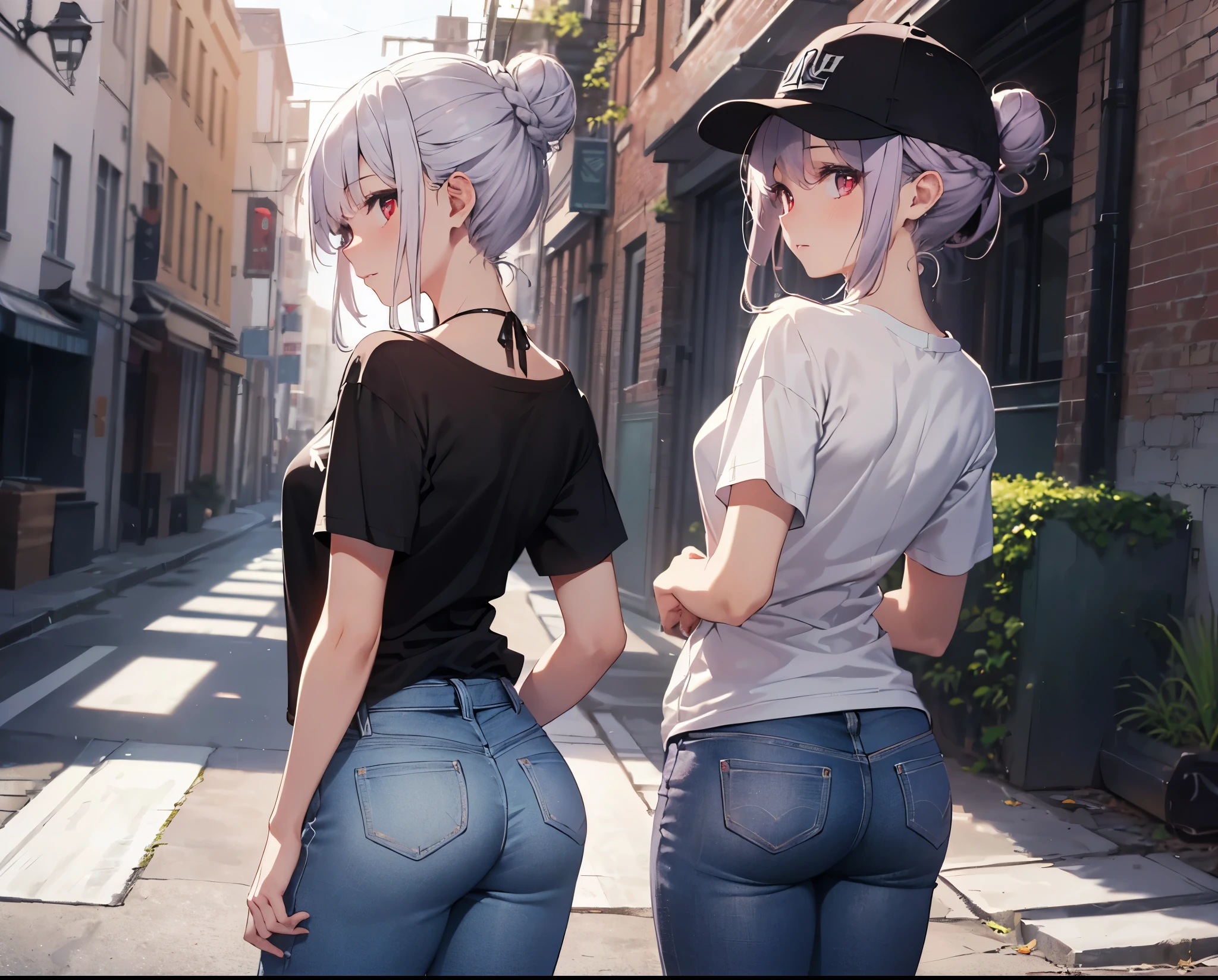 (Close-up:1.3),Realistic,Highest quality, Super detailed, High-quality CG rendering, The most delicate and beautiful, Floating softly, High resolution, (1 girl), (Highest quality,4K,8k,masterpiece:1.2), Light purple hair,(Hair in a bun:1.5),Red eyes,(Pure white oversized short sleeve T-shirt:1.3),(Black skinny jeans:1.3),(Pure white baseball cap:1.3),In the city,old buildings,Narrow back alley,(Turn your back to your audience:1.3),Butt