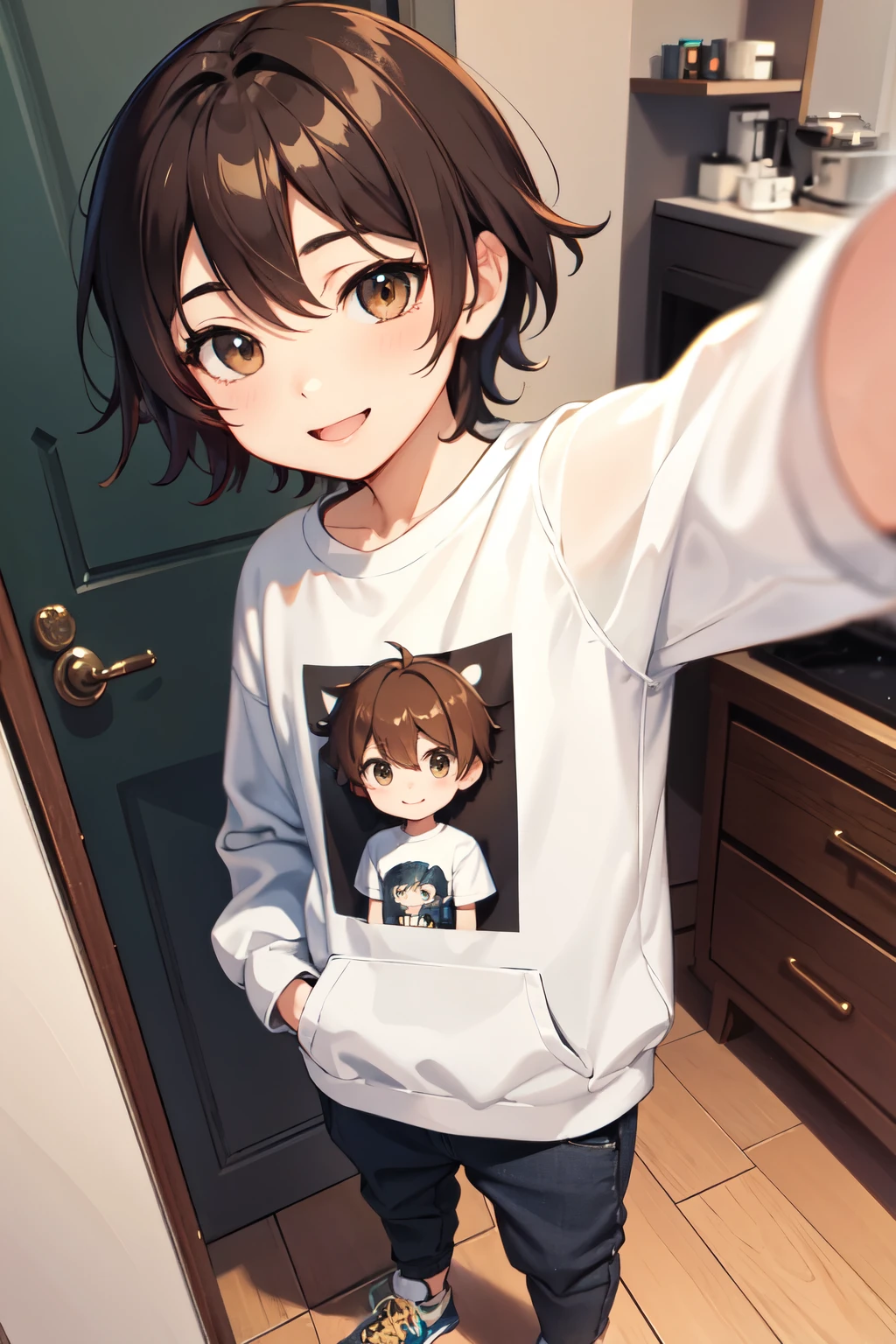 ((Highest quality)), ((masterpiece)), (detailed),Chibi character style:5.0,One boy:2.0,Selfie shot,cowboy shot,small eyes,slim,downturned eye,brown hair,amber eyes,short hair,playful smile,oversized sweatshirt,gaucho pants,sneakers,shoulder bag