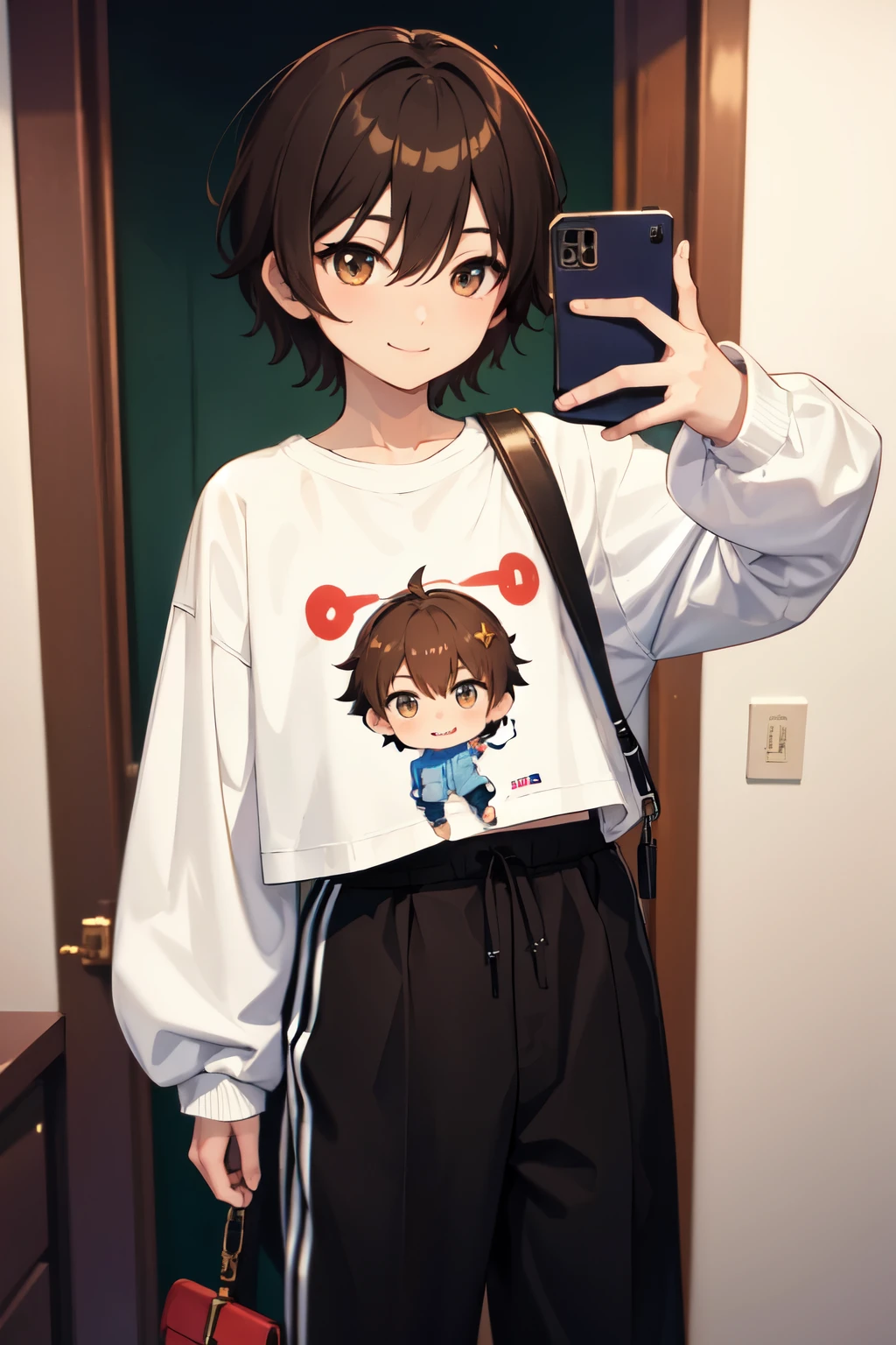 ((Highest quality)), ((masterpiece)), (detailed),Chibi character style:5.0,One boy:2.0,Selfie shot,cowboy shot,small eyes,slim,downturned eye,brown hair,amber eyes,short hair,playful smile,oversized sweatshirt,gaucho pants,sneakers,shoulder bag