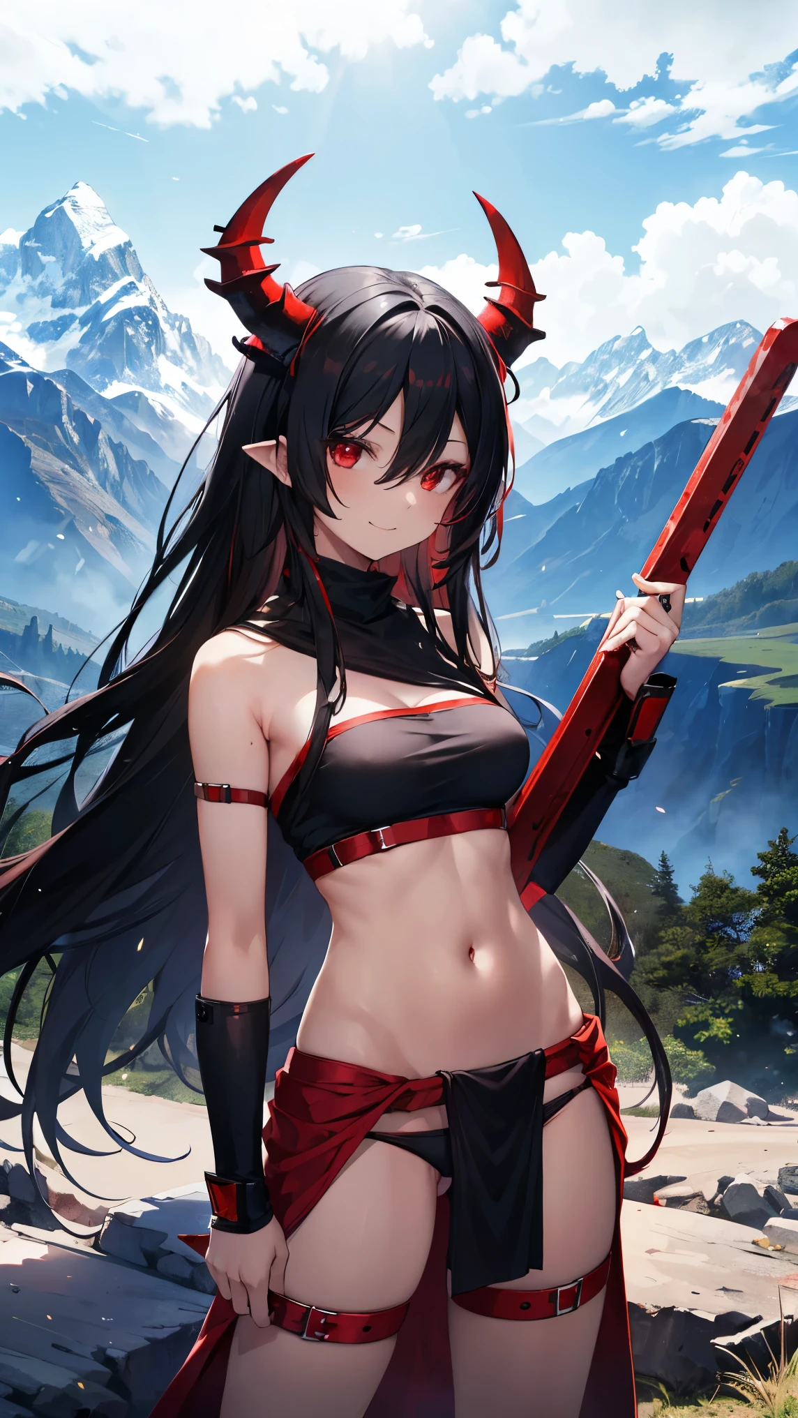 High resolution,high resolution,Girl,(,Red skin,Zambara-hair,Black Hair,Long Hair,)Red Eyes,smile,Demon Horns,boyish,slender,Mountain trail,Toned body,,Tube top,Huge Weapons,Loincloth,