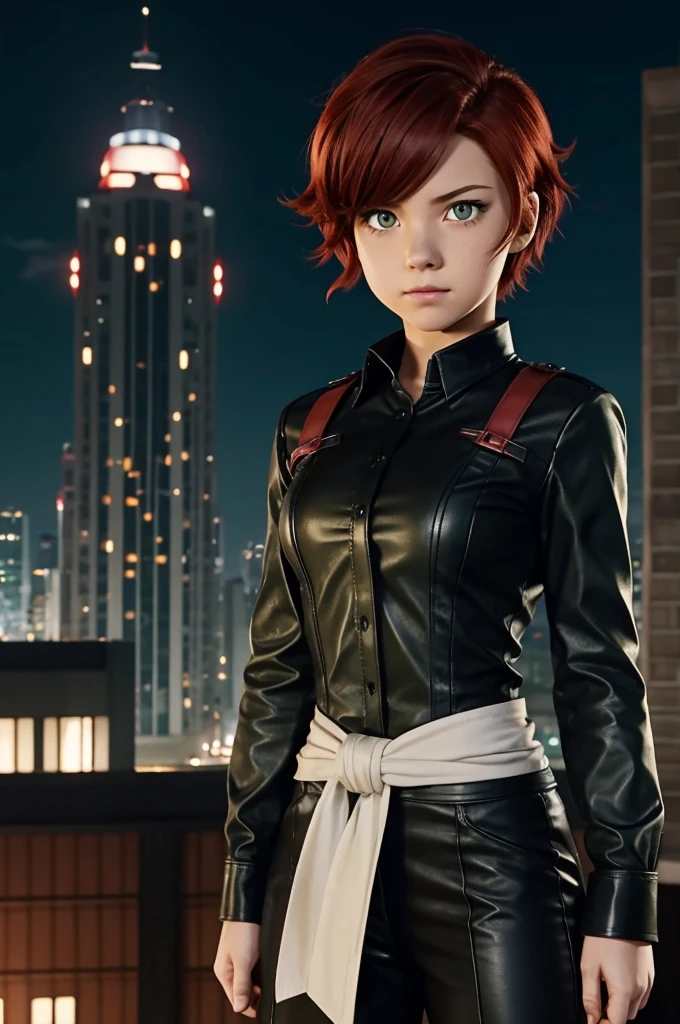 screenshot of my hero academia. 
Girl with short wavy red hair, combed to the right side. 
Small green eyes, with a serious expression. 
She wears a black collared blouse with long sleeves, made of leather material. 
In the background there is a night where it is on top of buildings