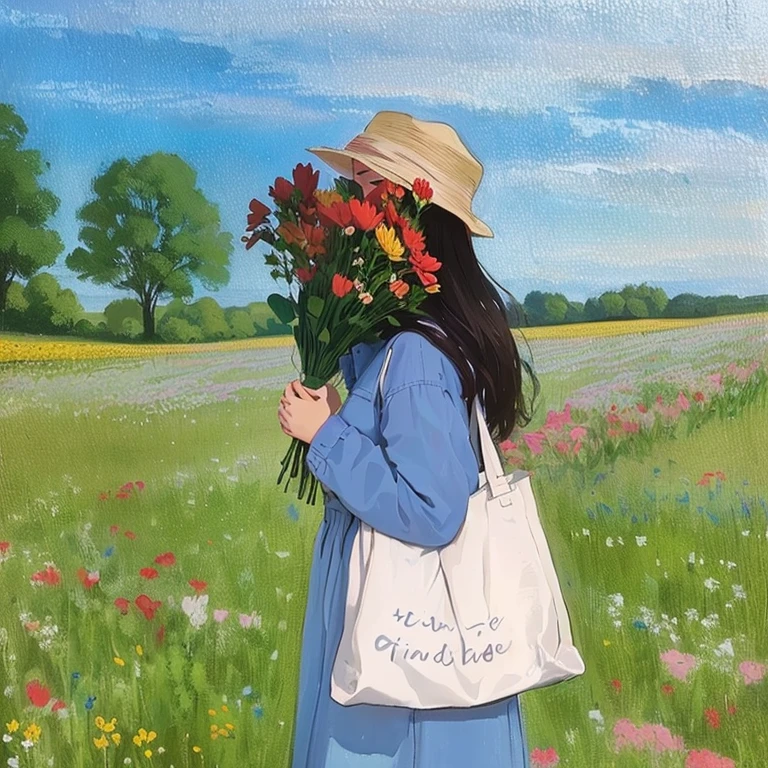 painting of a woman in a field with flowers and a tote bag, girl walking in a flower field, in a field with flowers, girl in a flower field, an aesthetic field of flowers, in a field of flowers, standing in flower field, girl walking in flower field, standing in a field with flowers, carrying flowers, standing in a flower field
