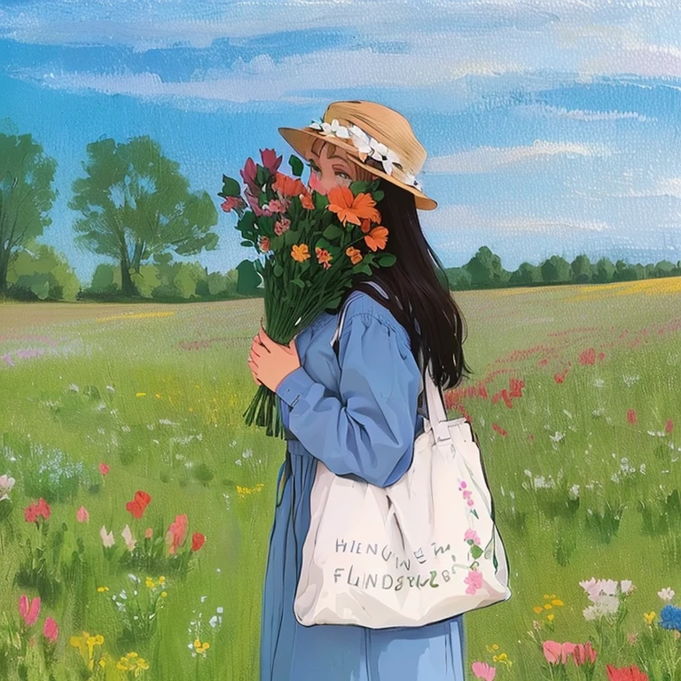 painting of a woman in a field with flowers and a tote bag, girl walking in a flower field, in a field with flowers, girl in a flower field, an aesthetic field of flowers, in a field of flowers, standing in flower field, girl walking in flower field, standing in a field with flowers, carrying flowers, standing in a flower field