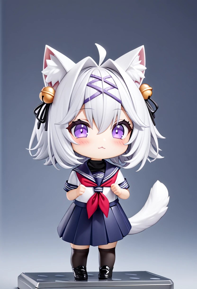 master piece, best quality, ultra-detailed, illustration, 1girl, solo, chibi, (big head), cute pose, front view, looking at viewer. Filiansailor, ((purple hairclip)), hair bell, white hair, short hair, cat ears, ahoge, purple eyes, blush, laughing, fluffy tail, serafuku, black turtleneck, short sleeve, red neckerchief, blue skirt, black stockings, black shoes, nendoroid, ((simple background)),