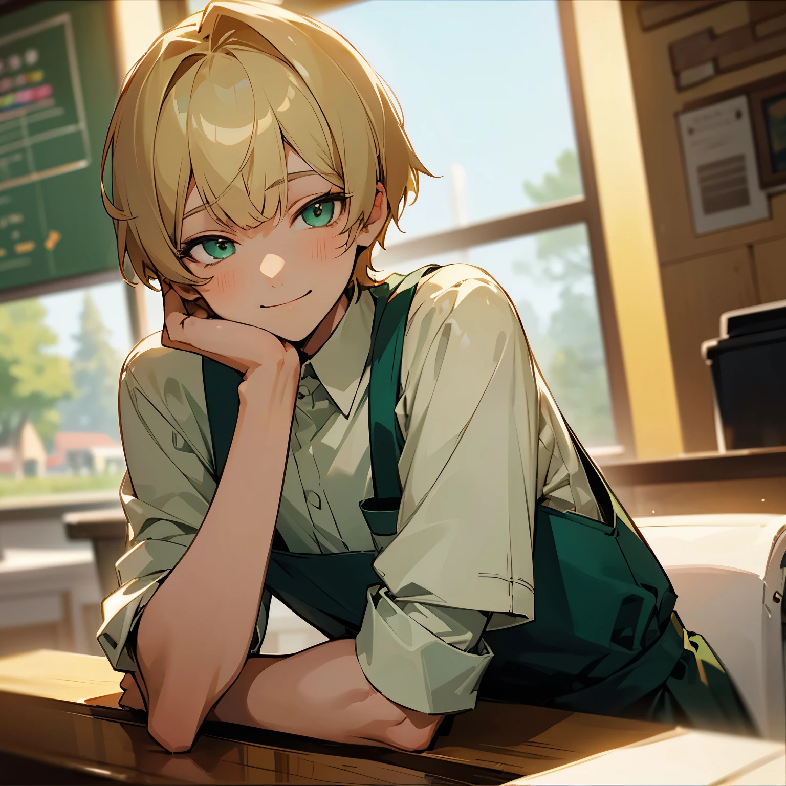 a age boy smiling, with a cute and beautiful appearance, with short blond hair with bangs, and light green eyes, with a happy and innocent expression, working in a coffee shop, wearing a cute uniform, with a zoom in on his face.