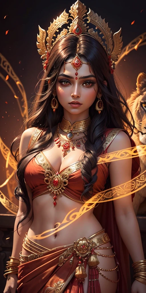 a beautiful hindu goddess, detailed face HD, piercing eyes, full lips, long flowing dark red sari, holding a trishul, a majestic lion nearby, intricate jewelry, glowing ethereal aura, highly detailed, photorealistic, dramatic lighting, vibrant colors, ornate background, digital art HD 8k quality beautiful face full HD