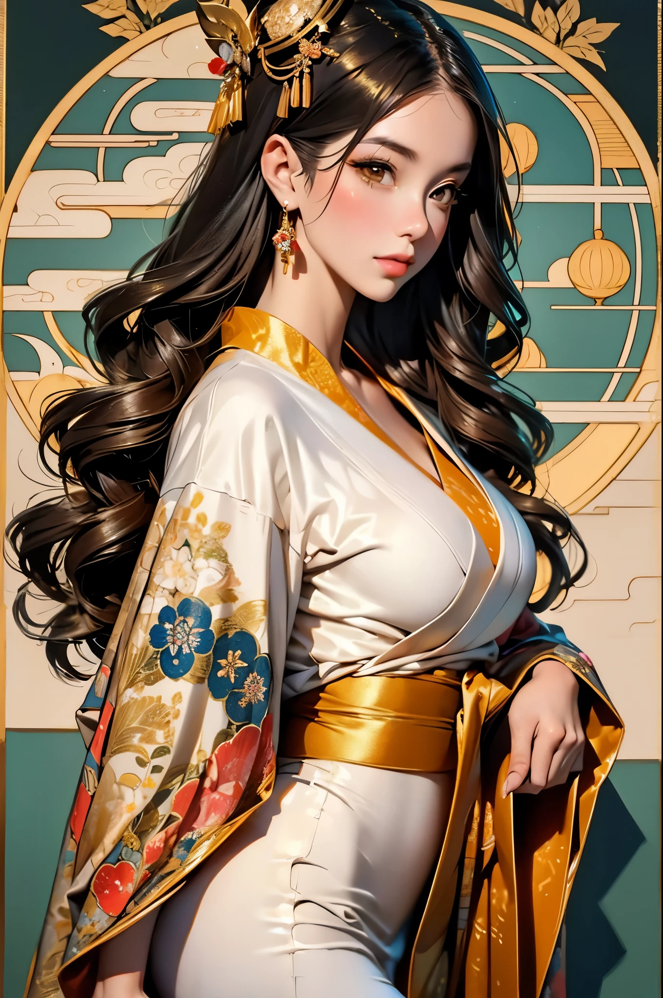 a woman in a golden kimono dress with a gold halo, japanese goddess, chie yoshii, elegant japanese woman, portrait of a beautiful geisha, intricate geisha kimono, japanese art style