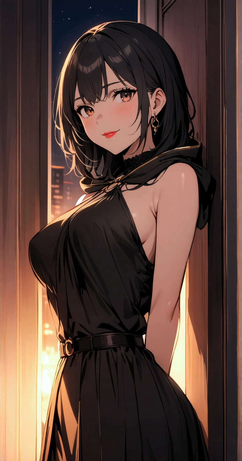 Profitable,Lipstick,Brown eyes,Smile,Black Hair,
Black tights,hood,Looking at the audience,
Upper Body,O-rings,
Science fiction,night,Against the wall,
(Extremely detailed, masterpiece, best quality) Solitary,nipple