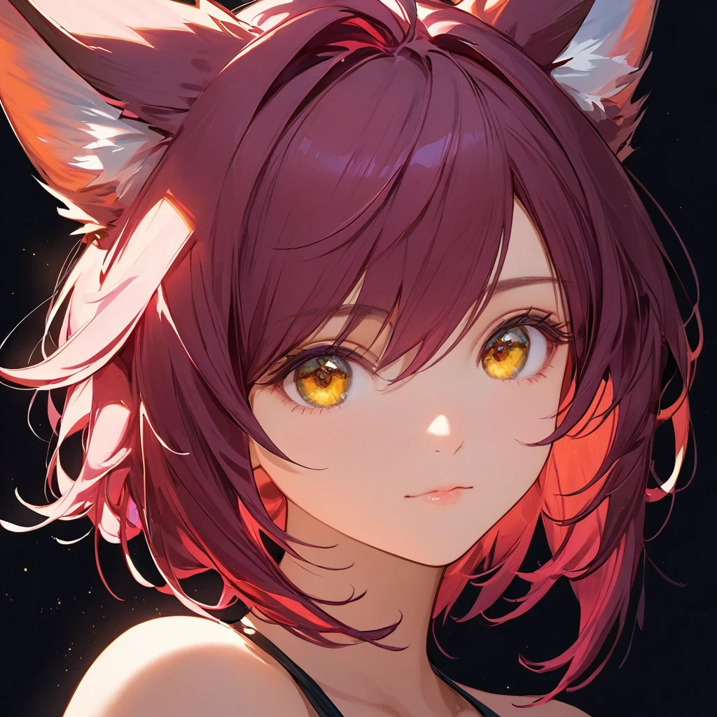 Xayah,t-shirt, animal ears, yellow eyes, halter_gown, portrait, stunning, hair over shoulder, hoodless, beautiful, 4k, high_definition, detailed,