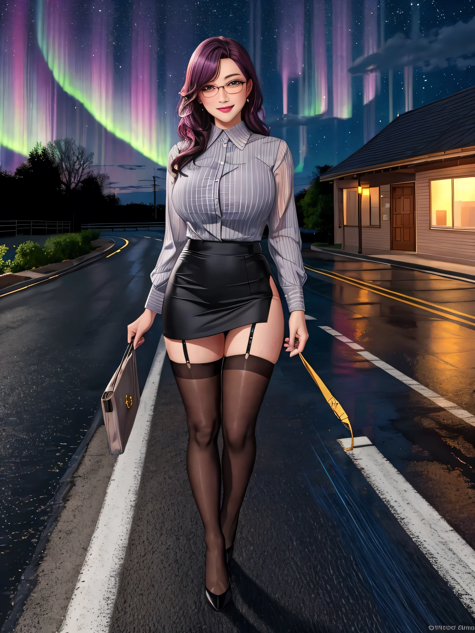 office lady, high resolution, Masterpiece, Anatomically correct, Highly detailed, realistic textures, blushing, dark purple hair, , big breasts, BIG ASS, woman is walking on street, night sky, aurora and stars background, deep blue shirt, black short skirt, full body, pink lips, sexy lady, rain, shadow on the road, light on electricity post, Wet shirt, diamond eyes, wear black stocking, long hair, realistic textures, high resolutionสุด, very detailed, quality, ตาสีฟ้า, ยิ้ม, รอยยิ้มบางๆ, ปัดแก้มอ่อนๆ, จ้องมอง, diamond eyes, มองที่ผู้ชม, close-fiting, wear eyeglasses, wear gray suit, ผมลอนธรรมชาติ, ผมยาวมากๆ, 