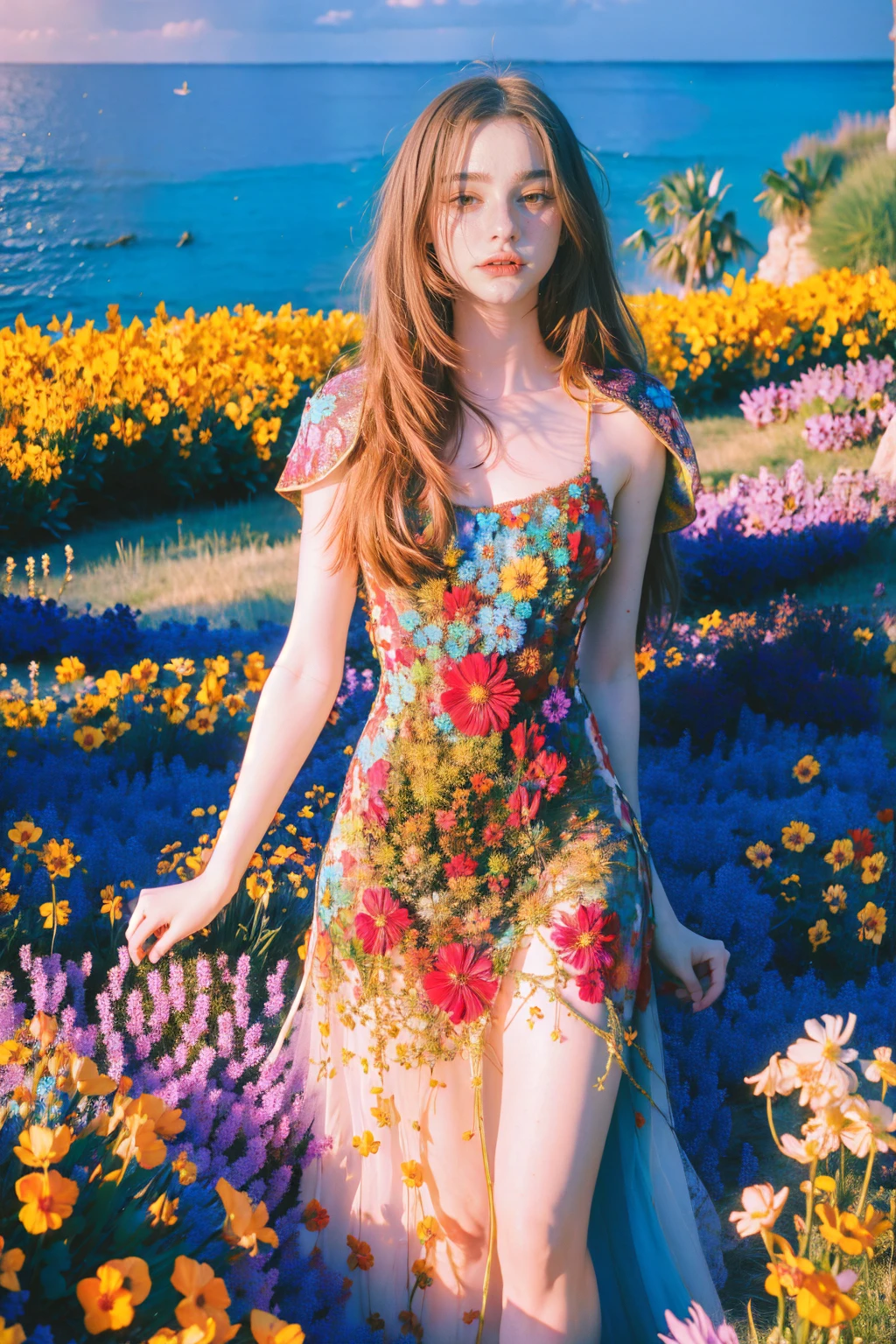 woman, flower dress, colorful, epic background,flower armor, blue theme, full blue theme, NOT Dasha Taran, UHD 32K lossless photography like
