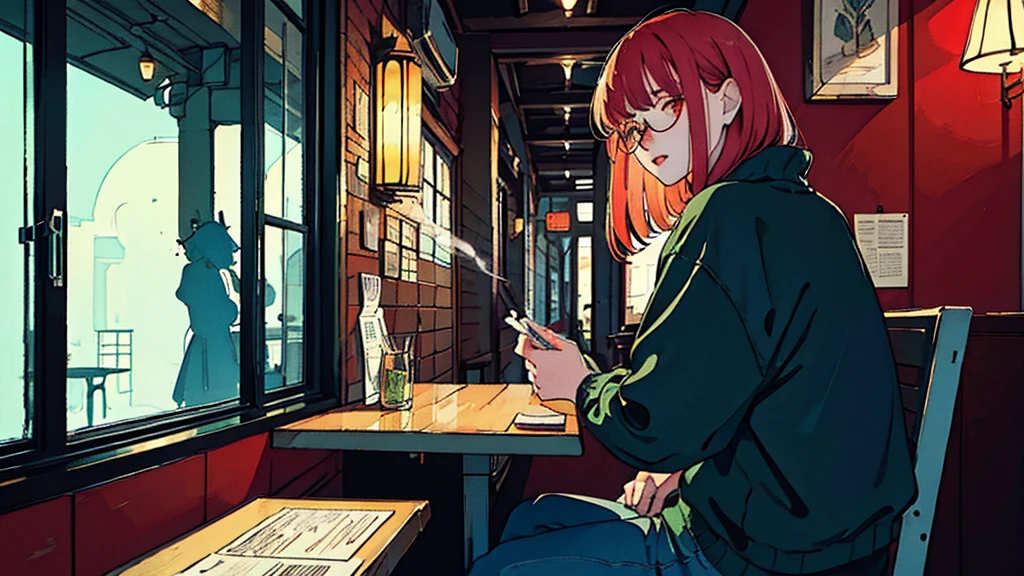 Beautiful Asian redhead sitting in a restaurant at night, Visible from the window, face perfect, oculos de sol, Smoking white Taylormade cigarettes, Neon black, (back-illuminated: 1.1), hard shadows, work of art, highest quallity, complex, model shooting style, vintage, Film grain, incomplete details