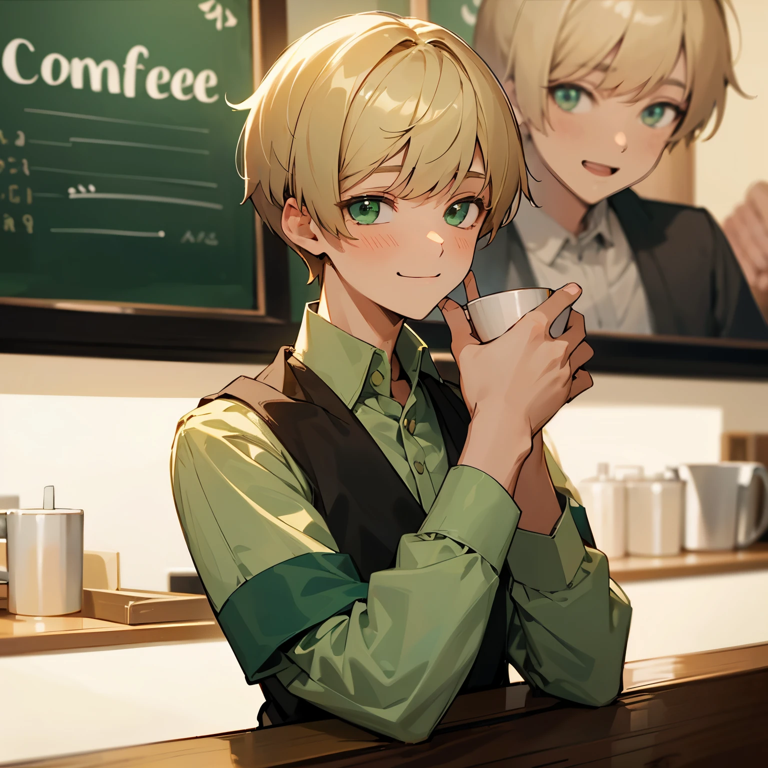 a boy smiling, with a cute and beautiful appearance, with short blond hair with bangs, and light green eyes, with a happy and innocent expression, working in a coffee shop, wearing a cute uniform, with a zoom in on his face.