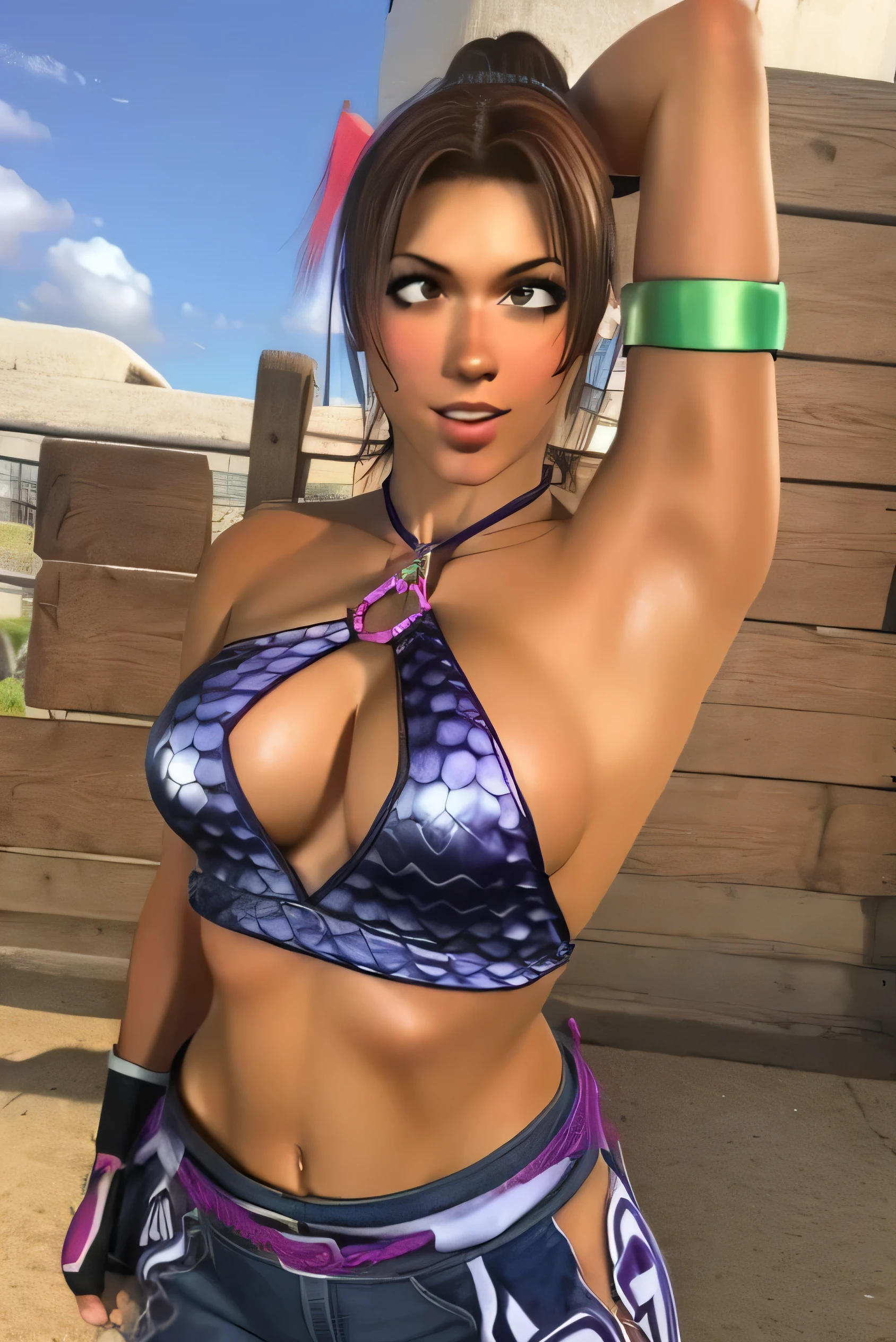 1 girl, standing, Christie Monteiro,18 years old, Cups, wearing blue jeans, wearing purple bikini top,arm warmers, , shorts, brown hair, big chest, big ass, medium breasts, 18 years old, mature appearance,armpits,sweat,sweaty,sweaty armpits,arms up,showing armpits,awesome armpits,blue outfit, purple arm warmers, purple green arm bands,hair tied in a ponytail