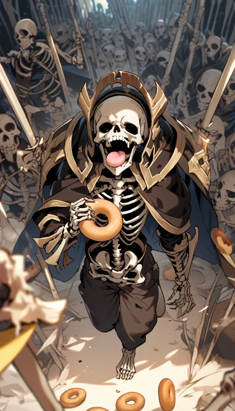 pov, Skeleton Warrior,(open mouth), ( Eating Donuts), Skeleton ,fullbody,full body, capes, detailed