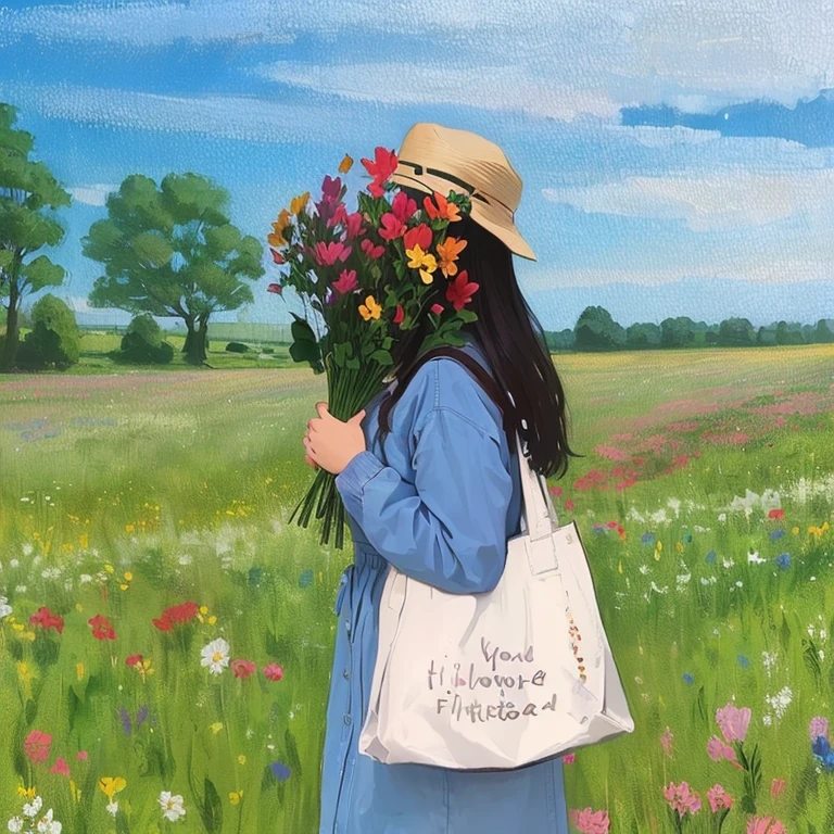 painting of a woman in a field with flowers and a tote bag, girl walking in a flower field, in a field with flowers, girl in a flower field, an aesthetic field of flowers, in a field of flowers, standing in flower field, girl walking in flower field, standing in a field with flowers, carrying flowers, standing in a flower field