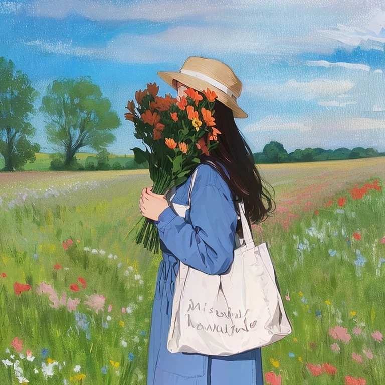 painting of a woman in a field with flowers and a tote bag, girl walking in a flower field, in a field with flowers, girl in a flower field, an aesthetic field of flowers, in a field of flowers, standing in flower field, girl walking in flower field, standing in a field with flowers, carrying flowers, standing in a flower field