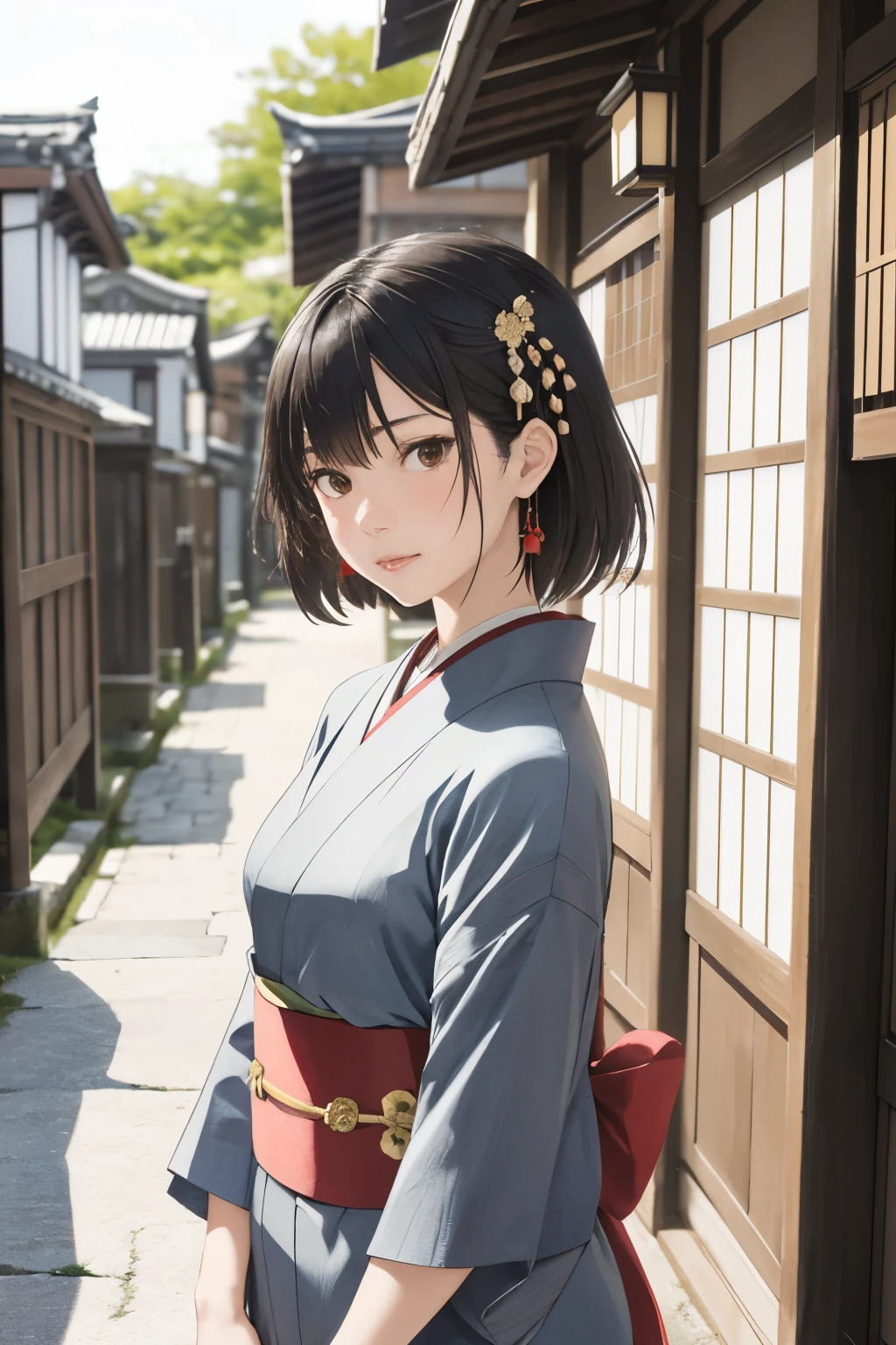 masterpiece, Highest quality, Stained glass style art, Upper Body, Portrait of a beautiful girl with a bobcut, Wearing a black outfit with a deep slit, (The best light), (Red lips:0.8), Beautiful Face, colorful, Photorealistic, High Contrast, Very detailed background, Very detailed, Very detailed肌, Shine, Film Grain, According to II, Lens flare, sharpen, Cinematic LightCreate an image of a 17-year-old girl named Mika Shiraishi, who is from the Kurashiki Bikan Historical Quarter. She has a height of 160 cm and weighs 50 kg. She has long black hair with straight bangs and large deep brown eyes that are slightly droopy. Mika is dressed in a modern fusion of traditional Japanese and Western styles, typically wearing modern kimono-inspired outfits combined with contemporary accessories. She often wears handmade accessories from traditional crafts, such as paper earrings and wooden bracelets.
Her personality is calm and kind, passionate about preserving and sharing the local culture and traditions. She is an artisan in traditional crafts, particularly in paper crafting and dyeing, and works as a tourist guide in the historical district.
Include details like her favorite local snacks such as 'Shigarafly' and 'Kibidango,' and occasionally enjoying 'Heisuiken Ginjo Sake Cake.' She carries a small sketchbook and pencil to draw the landscapes of the Bikan district. Her favorite places include the Kurashiki River, historical houses, and Achi Shrine.
Incorporate elements like masking tapes from Kurashiki, known for its origins, and textiles such as Kurashiki canvas and denim in her accessories or clothing. Show her in the Bikan Historical Quarter with its characteristic traditional buildings and scenic spots, reflecting the serene and culturally rich environment she loves.