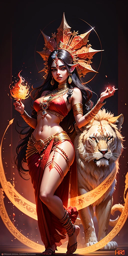 a beautiful hindu goddess, detailed face HD, piercing eyes, full lips, long flowing dark red sari, holding a trishul, a majestic lion nearby, intricate jewelry, glowing ethereal aura, highly detailed, photorealistic, dramatic lighting, vibrant colors, ornate background, digital art HD 8k quality beautiful face full HD