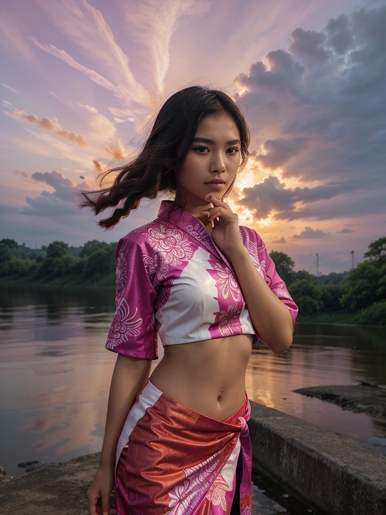 This photo shows an artistic representation of a beautiful 20-year-old Thai woman in a dynamic pose against a backdrop of bright pink and purple clouds. The character is wearing a red and white batik tunic, as well as flowing red and white cloth, giving the impression of movement. And there is a light effect around one of her hands, indicating magical powers.