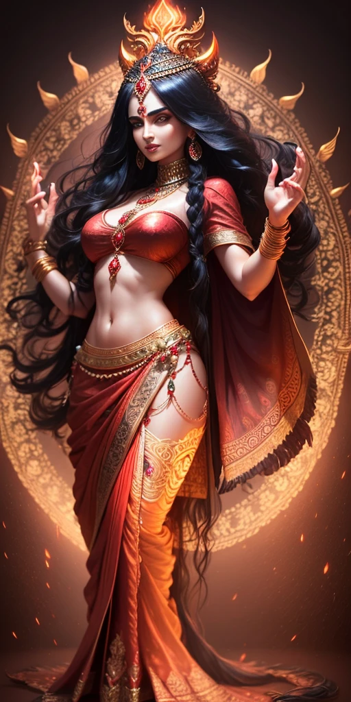 a beautiful hindu goddess, detailed face HD, piercing eyes, full lips, long flowing dark red sari, holding a trishul, a majestic lion nearby, intricate jewelry, glowing ethereal aura, highly detailed, photorealistic, dramatic lighting, vibrant colors, ornate background, digital art HD 8k quality beautiful face full HD