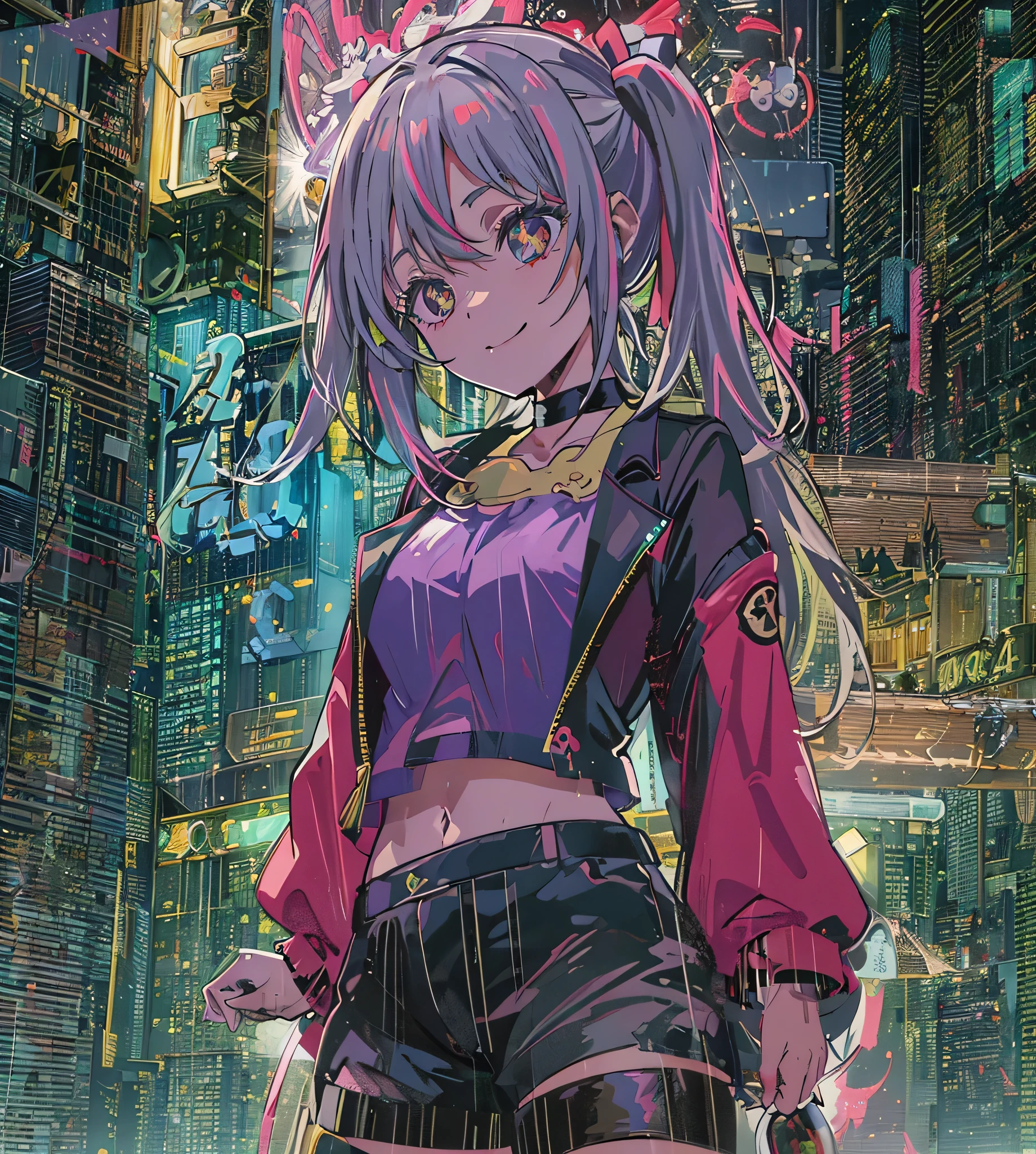 night, Colorful Cyberpunk City Background, rain, two , nanakusa nazuna, 1, chest, Cut-out neckline, Clothing cutouts, Crop top, Shadow, dam, Gradient Hair, Silver Hair, Twin tails,Hair Ring, Jacket, Watching the audience, compensate, belly button, Open your mouth, Shadow vermelha, shirt, Shorts, No sleeve, No sleeveタートルネック, manga top de colheita de High throat, chest pequenos, alone, Stomach, High throat, topo de colheita de High throat, Two-tone hair,I can see clearly, Bright Eyes, Black socks, バックLight付き, Shine, Audience Survey, Low angle lens, Looking up at the lens, Perfect composition, delicadeza perfeita de luz e Shadow, 8k,One girl,Long Hair,only_arms,Outdoor,our,Light_With a smile,High resolution, 