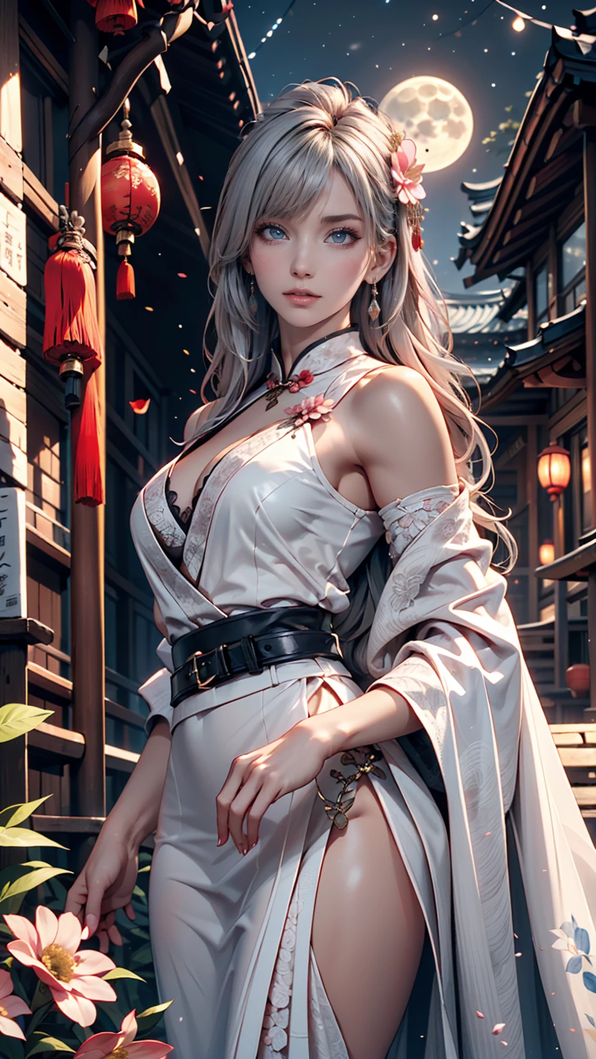 masterpiece, Highest, night, full moon, 1 female, Mature Woman, Chinese style, ancient China, sister, Royal Sister, Cold Face, Expressionless, A woman with long silvery white hair, Pale pink lips, Calm, intellectual, Three belts, Gray Hitomi, assassin, dagger, Flower ball background, Street view