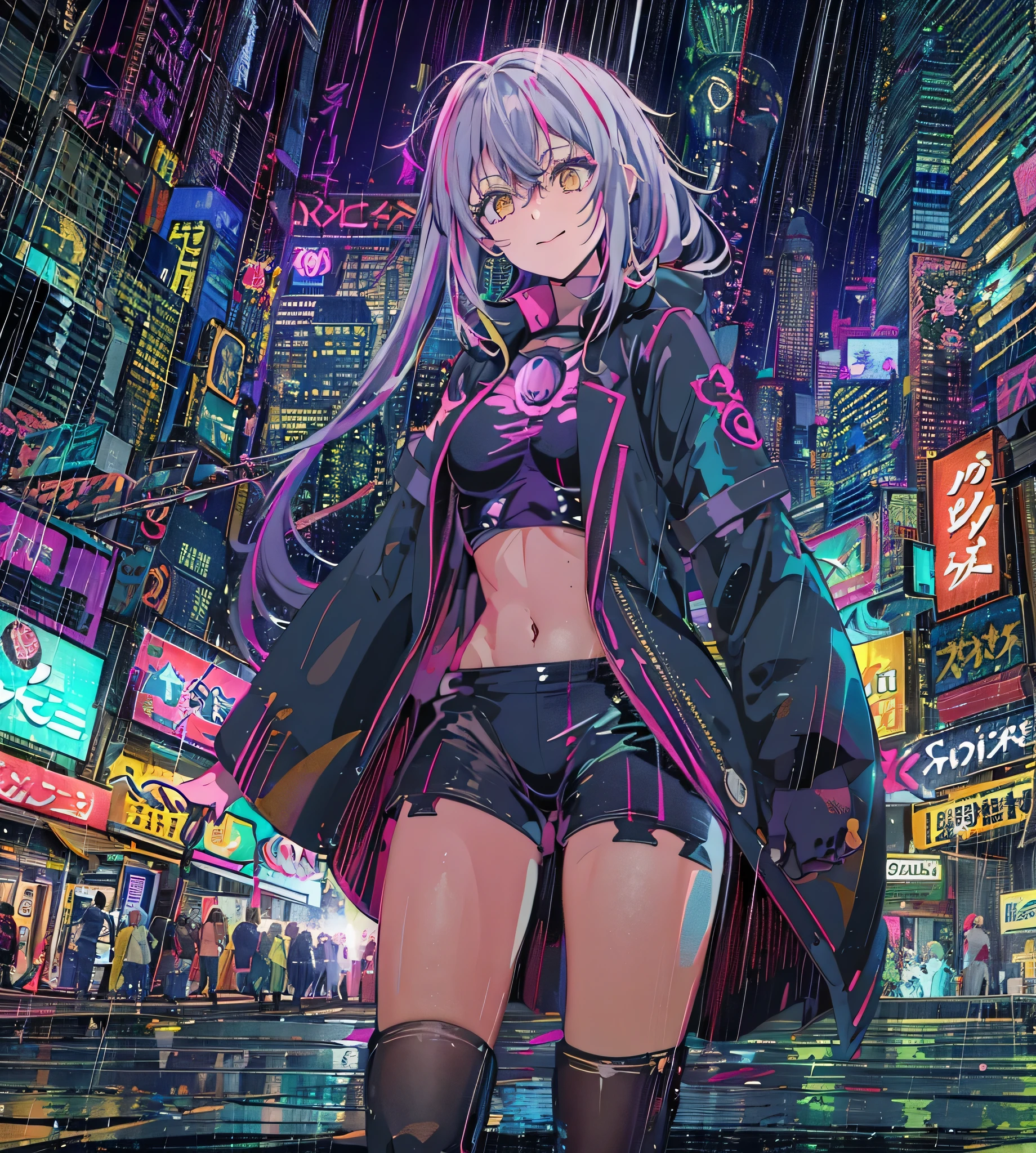 night, Colorful Cyberpunk City Background, rain, two , nanakusa nazuna, 1, chest, Cut-out neckline, Clothing cutouts, Crop top, Shadow, dam, Gradient Hair, Silver Hair, Twin tails,Hair Ring, Jacket, Watching the audience, compensate, belly button, Open your mouth, Shadow vermelha, shirt, Shorts, No sleeve, No sleeveタートルネック, manga top de colheita de High throat, chest pequenos, alone, Stomach, High throat, topo de colheita de High throat, Two-tone hair,I can see clearly, Bright Eyes, Black socks, バックLight付き, Shine, Audience Survey, Low angle lens, Looking up at the lens, Perfect composition, delicadeza perfeita de luz e Shadow, 8k,One girl,Long Hair,only_arms,Outdoor,our,Light_With a smile,High resolution, 