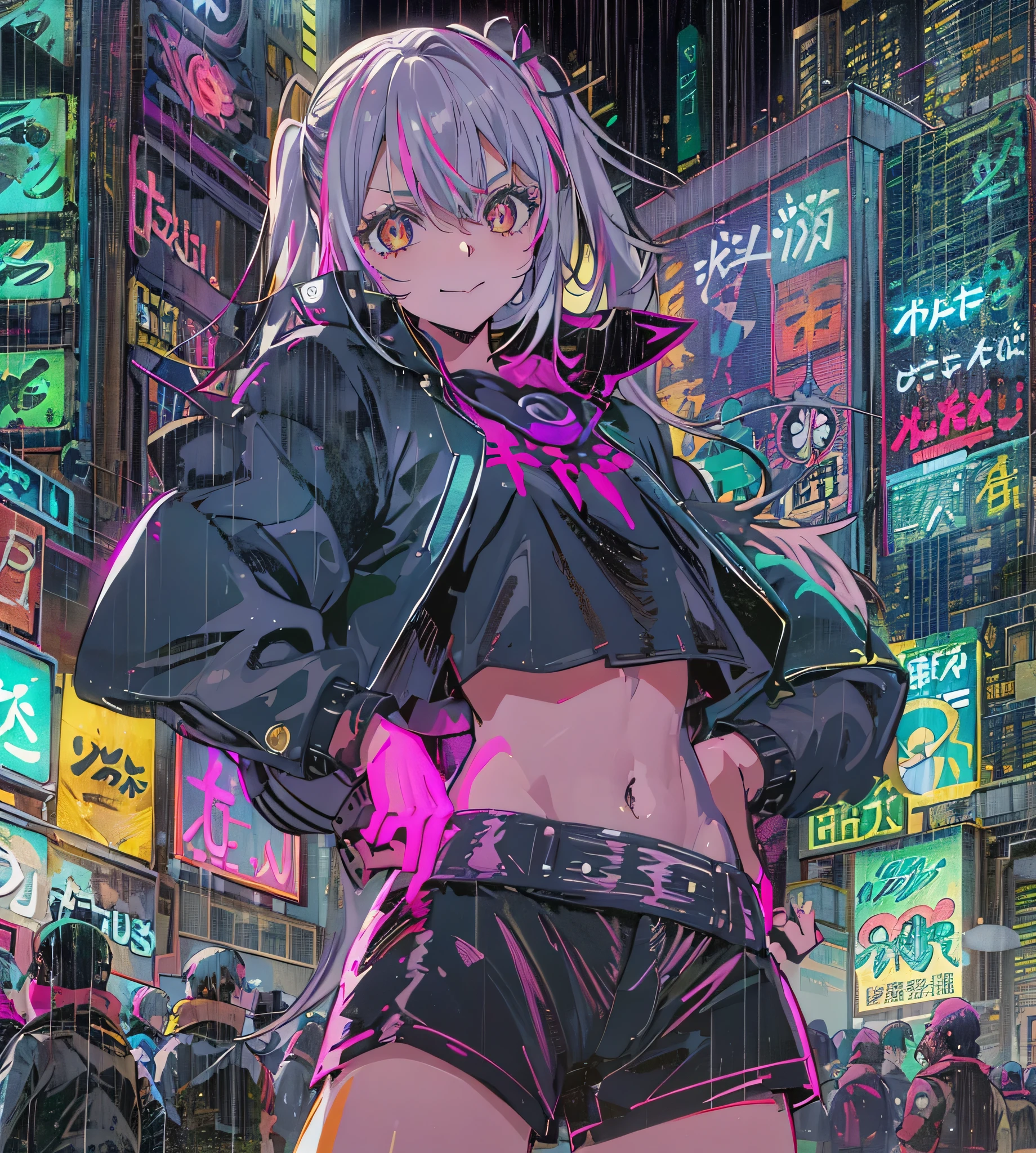 night, Colorful Cyberpunk City Background, rain, two , nanakusa nazuna, 1, chest, Cut-out neckline, Clothing cutouts, Crop top, Shadow, dam, Gradient Hair, Silver Hair, Twin tails,Hair Ring, Jacket, Watching the audience, compensate, belly button, Open your mouth, Shadow vermelha, shirt, Shorts, No sleeve, No sleeveタートルネック, manga top de colheita de High throat, chest pequenos, alone, Stomach, High throat, topo de colheita de High throat, Two-tone hair,I can see clearly, Bright Eyes, Black socks, バックLight付き, Shine, Audience Survey, Low angle lens, Looking up at the lens, Perfect composition, delicadeza perfeita de luz e Shadow, 8k,One girl,Long Hair,only_arms,Outdoor,our,Light_With a smile,High resolution, 