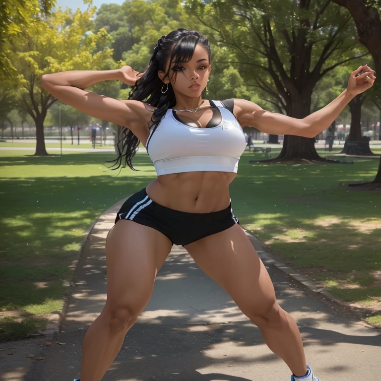 petite, muscular girl with small boobs, sexy wide thick thighs, tight orange and black sports clothing, sweaty, sun shining off skin, silver hair, tan brown skin