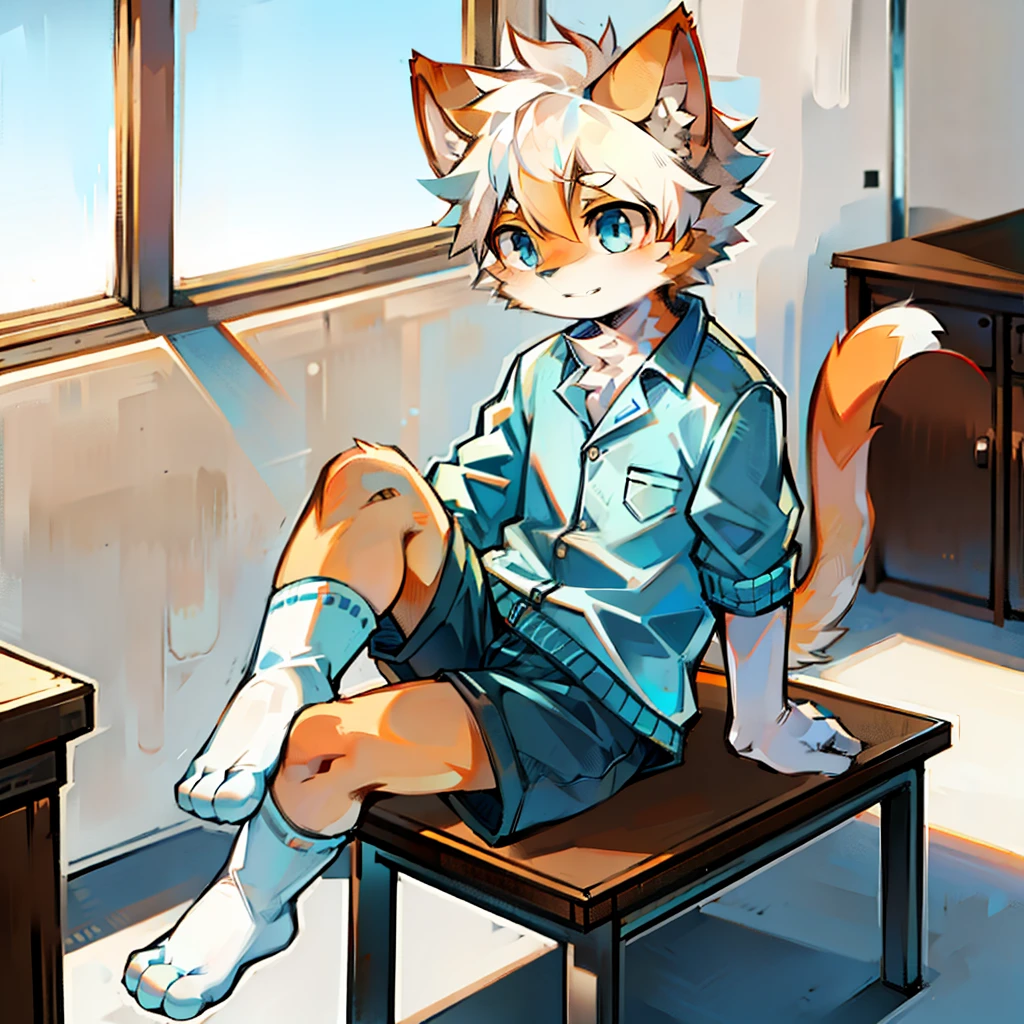 furry, cat boy,(White hair),(Orange skin),blue eyes,Sitting in the classroom,Legs on the table,((Wear short white socks)),Light blue pajamas and shorts,The only person,high quality