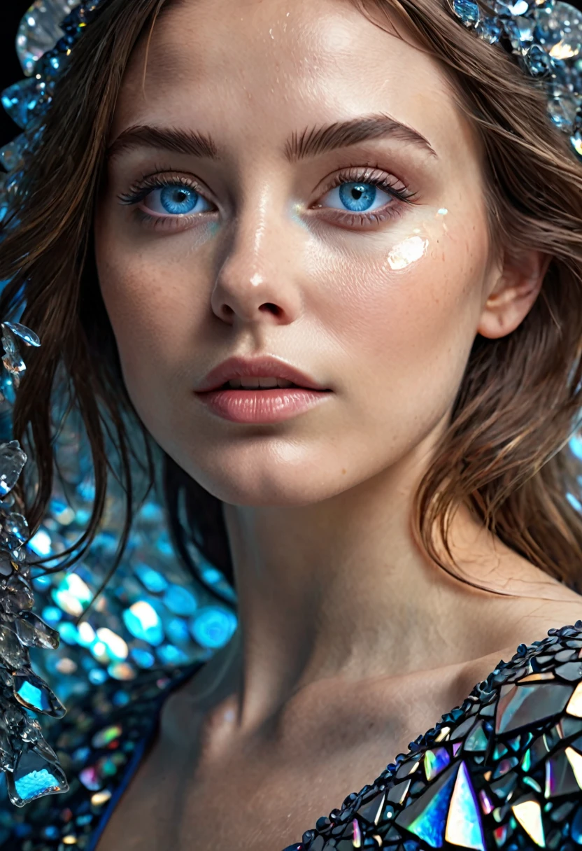 8K,Best quality, masterpiece, ultra high res, (photorealistic:1.4), raw photo, (Authentic skin texture:1.3), (film grain:1.3), (selfie angle), woman beautiful detailed deep blue eyes and face, masterpiece, best quality, close-up, black n white, Broken Glass effect, no background, stunning, something that even doesn't exist, mythical being, energy, molecular, textures, iridescent and luminescent scales, breathtaking beauty, pure perfection, divine presence, unforgettable, impressive, breathtaking beauty, Volumetric light, auras, rays, vivid colors reflects