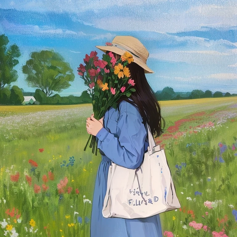 painting of a woman in a field with flowers and a tote bag, girl walking in a flower field, in a field with flowers, girl in a flower field, an aesthetic field of flowers, in a field of flowers, standing in flower field, girl walking in flower field, standing in a field with flowers, carrying flowers, standing in a flower field