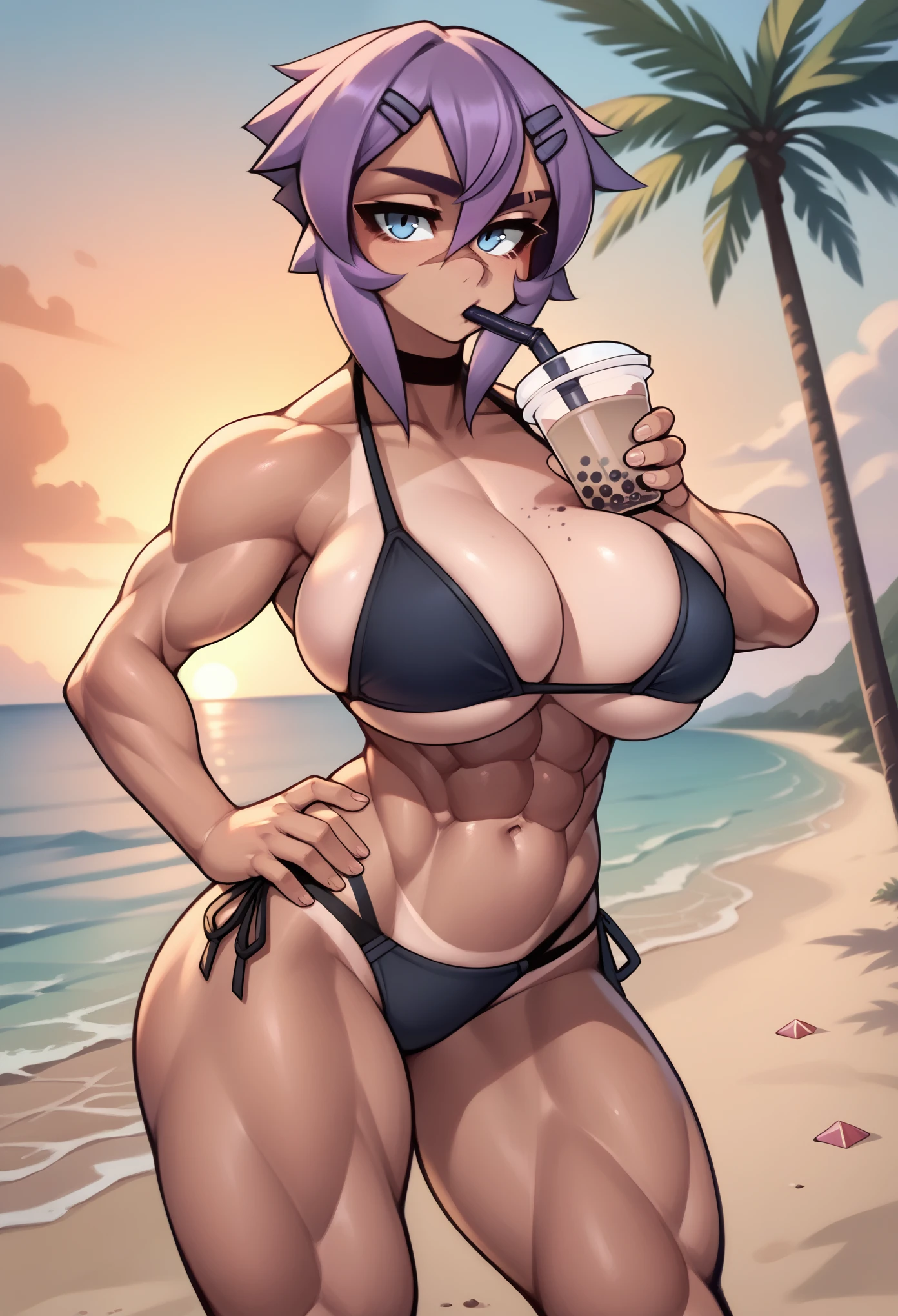 score_9, score_8_up, score_7_up, 1girl, mayanew, blue eyes, purple hair, short hair, hairclip, nose scar, eyebrow cut, huge breasts, muscular female, black choker, black bikini, tan, looking at viewer, bubble tea between breasts, bubble tea challenge, drinking straw, drinking, standing, hand on hip, hand on own thigh, outdoors, beach, palm tree, sunset