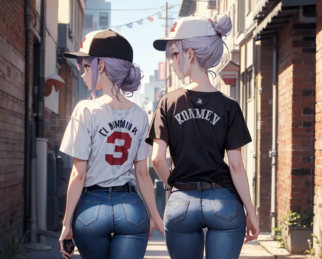 (Close-up:1.3),Realistic,Highest quality, Super detailed, High-quality CG rendering, The most delicate and beautiful, Floating softly, High resolution, (1 girl), (Highest quality,4K,8k,masterpiece:1.2), Light purple hair,(Hair in a bun:1.5),Red eyes,(Pure white oversized short sleeve T-shirt:1.3),(Black skinny jeans:1.3),(Pure white baseball cap:1.3),In the city,old buildings,Narrow back alley,(Turn your back to your audience:1.3),Butt