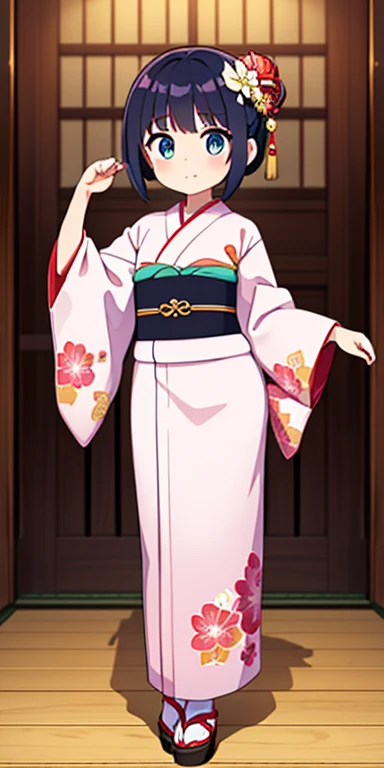 Full body, beautiful eyes , 1 girl  , full body , cute girl , anime style , cute eyes  , (standing up) , (Kimono Girls are elegantly dressed in traditional Japanese kimonos, often featuring vibrant colors and intricate patterns. Their hair is styled neatly, often adorned with floral accessories or ornamental hairpins. They move with grace and poise, embodying the beauty and tradition of their cultural heritage.) 